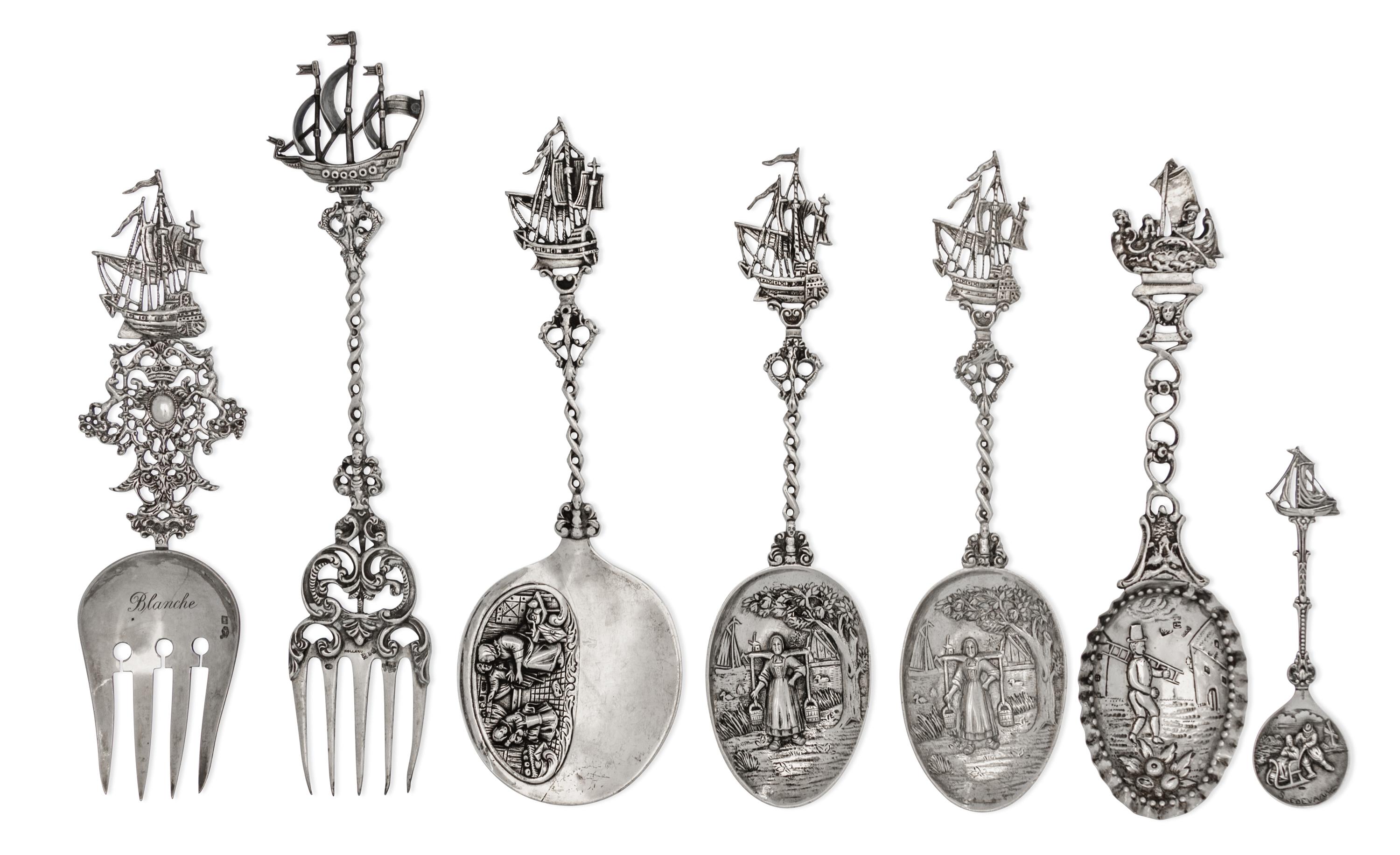 A Group of Seven Dutch and German Silver Serving Articles, Various Makers, each having a ship terminal, comprising five spoons and two
