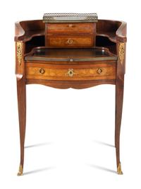 A Louis XV/XVI Transitional Style Gilt Metal Mounted Parquetry Writing Table