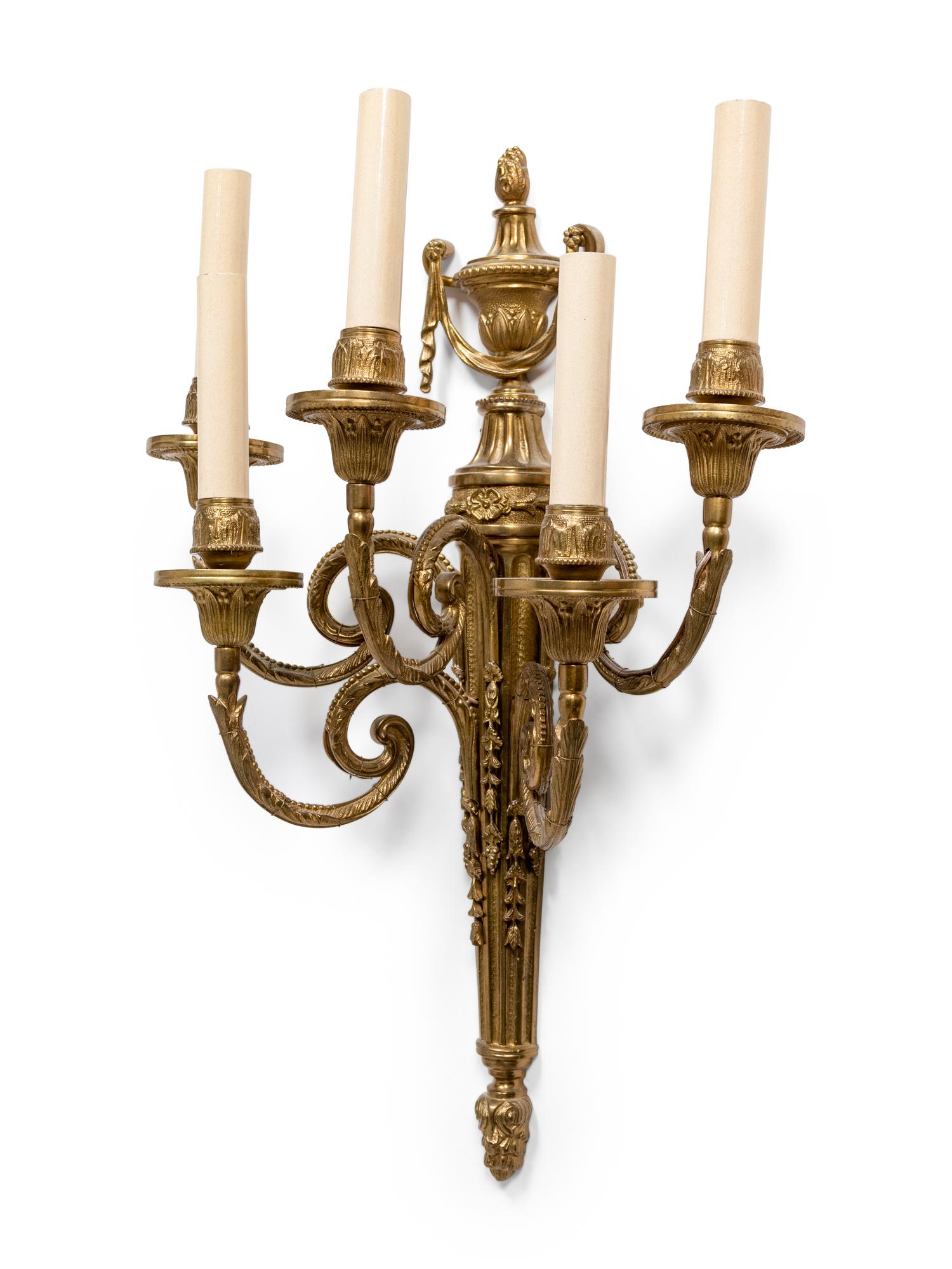 A Pair of Louis XVI Style Gilt-Metal Five-Light Sconces