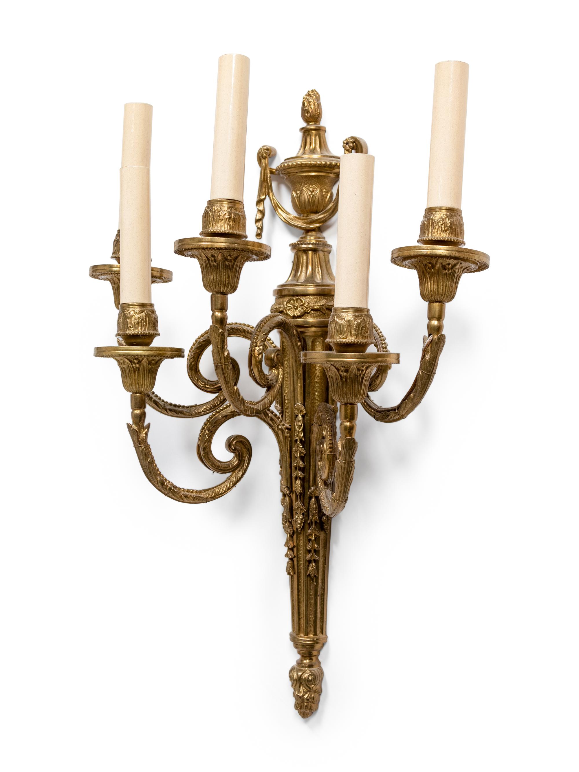 A Pair of Louis XVI Style Gilt-Metal Five-Light Sconces