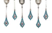 A Set of Six Russian Enameled Silver Coffee Spoons