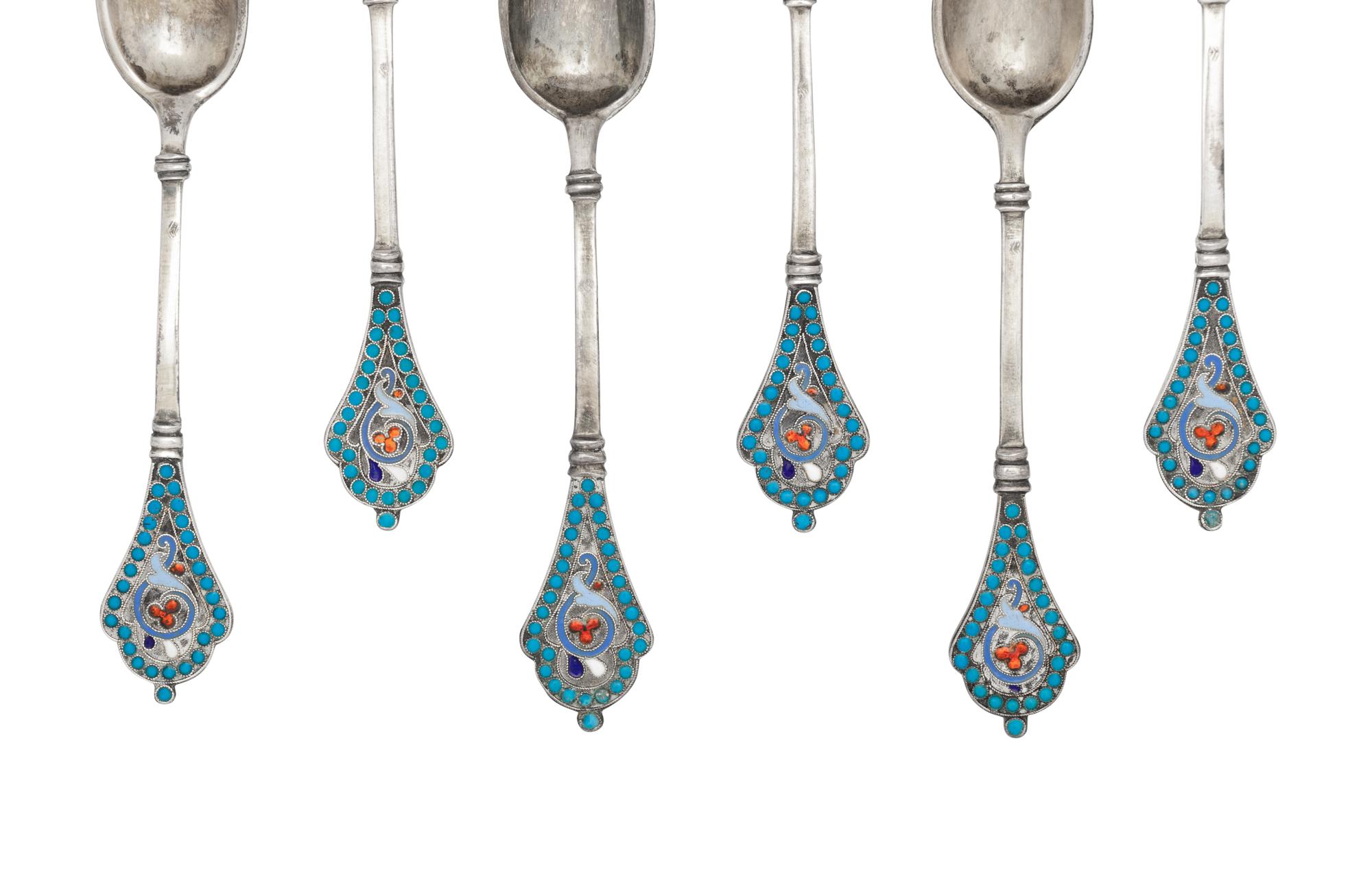 A Set of Six Russian Enameled Silver Coffee Spoons
