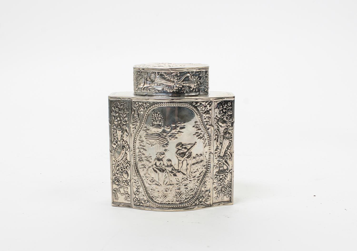 A Continental Silver Tea Caddy, Probably Dutch, 19th Century, each side with a central cartouche depicting figures in a landscape.