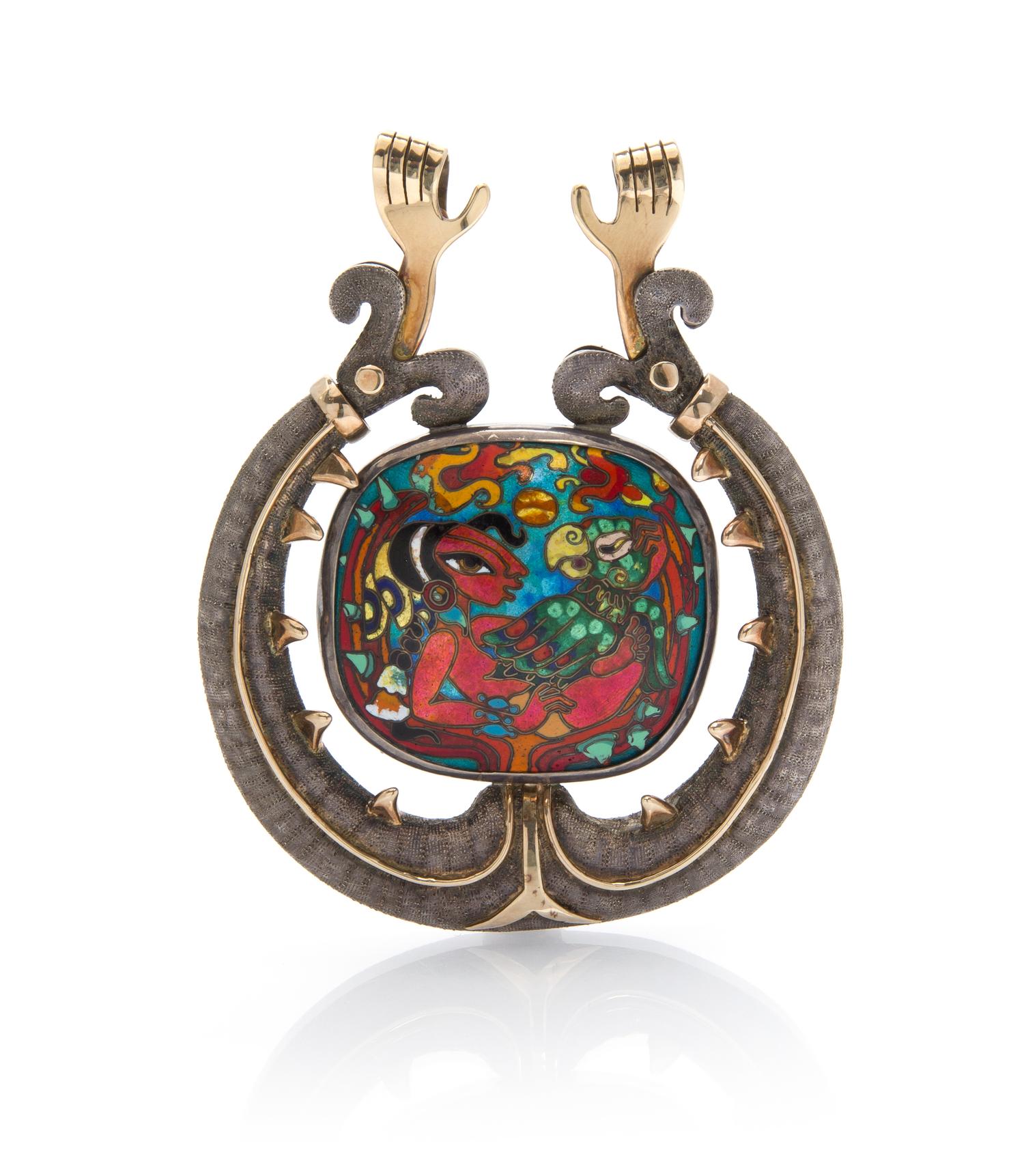 An 18 Karat Yellow Gold, Silver and Polychrome Enamel Serpent Motif Pendant, 46.60 dwts.