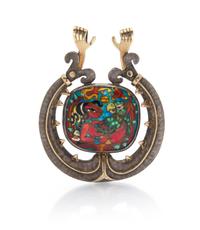 An 18 Karat Yellow Gold, Silver and Polychrome Enamel Serpent Motif Pendant, 46.60 dwts.
