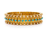 VICTORIAN, TURQUOISE, SEED PEARL, AND YELLOW GOLD LINK BRACELET