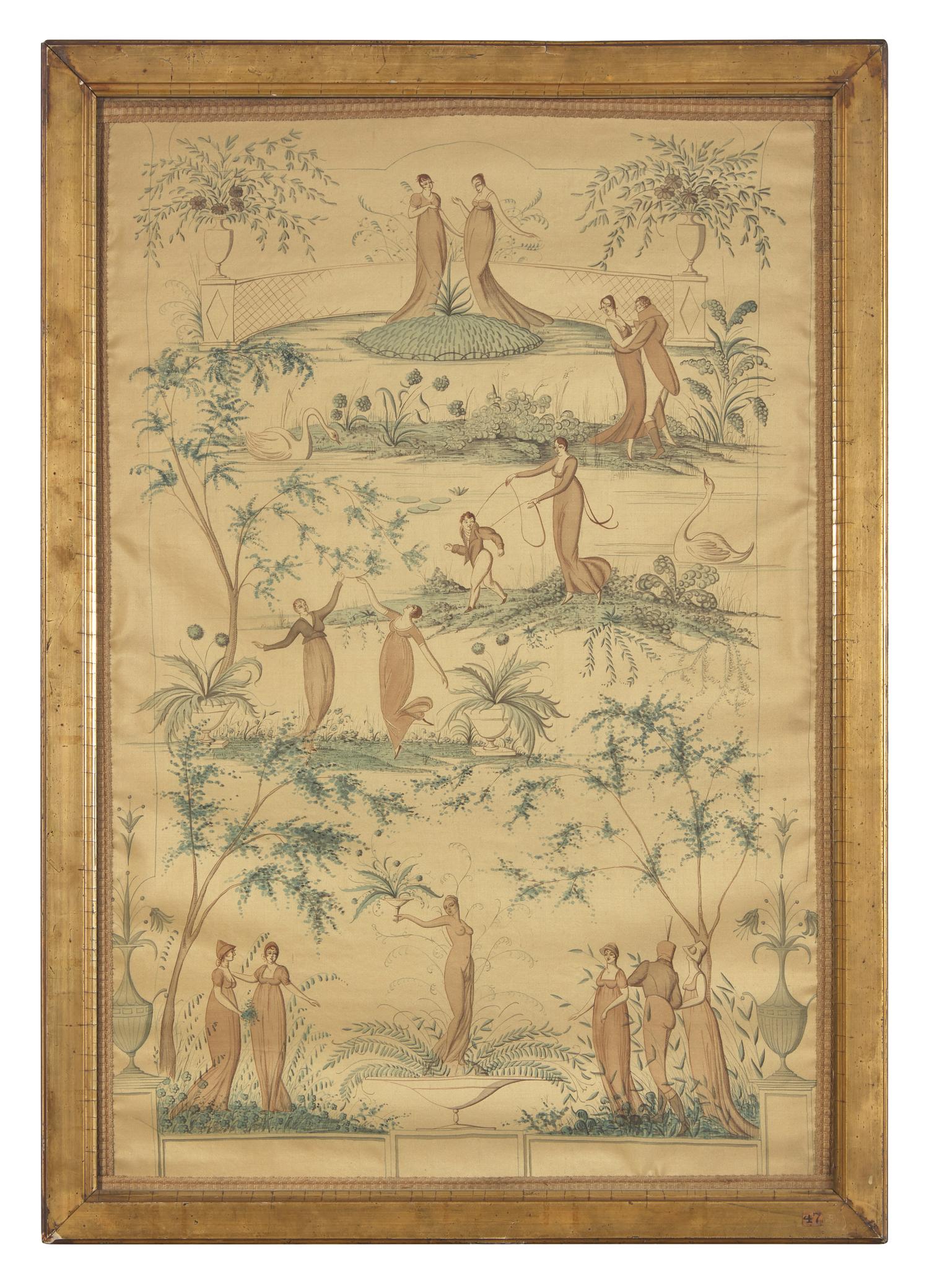 A Regency Revival Painted Taffeta Panel