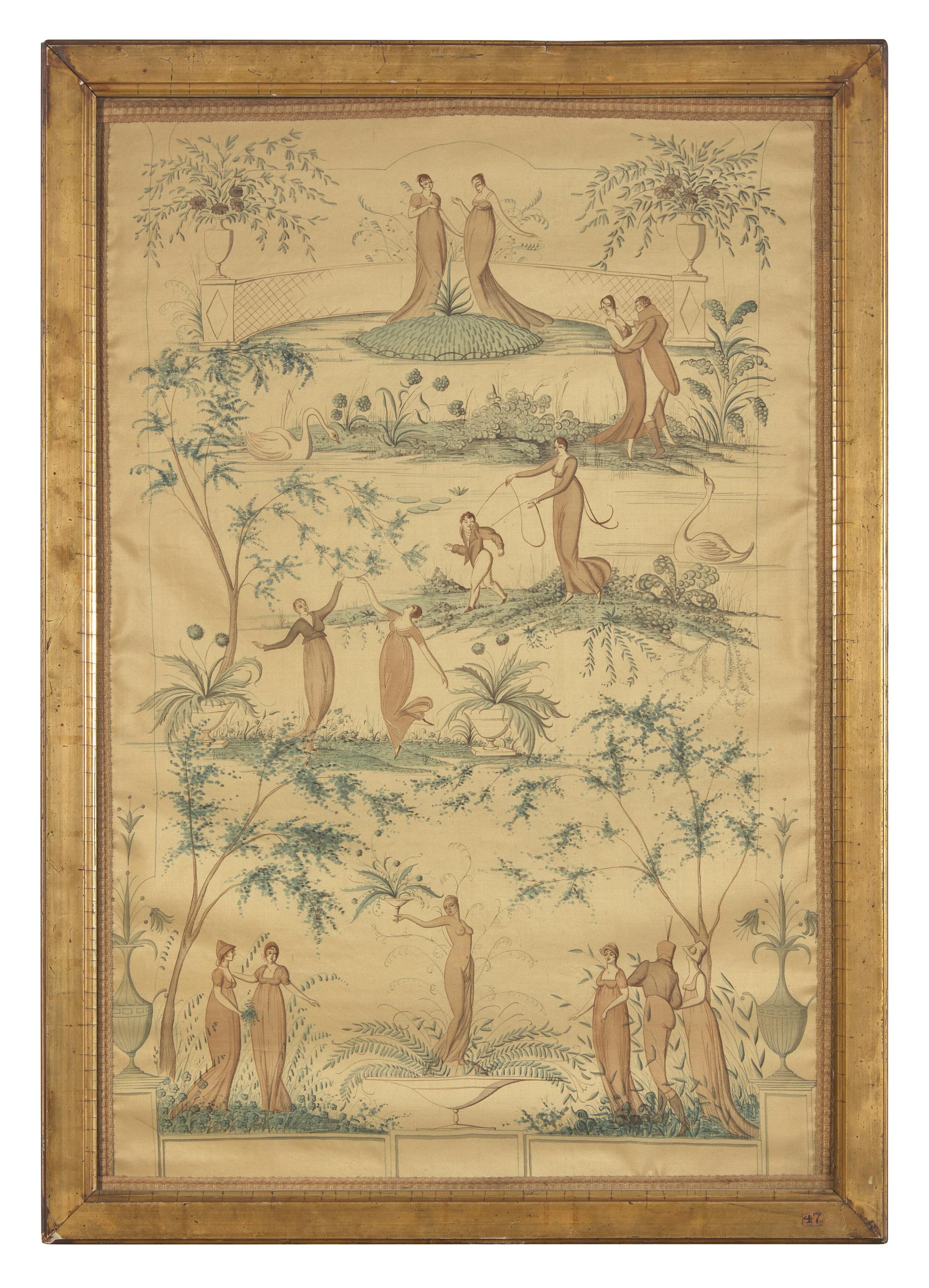 A Regency Revival Painted Taffeta Panel