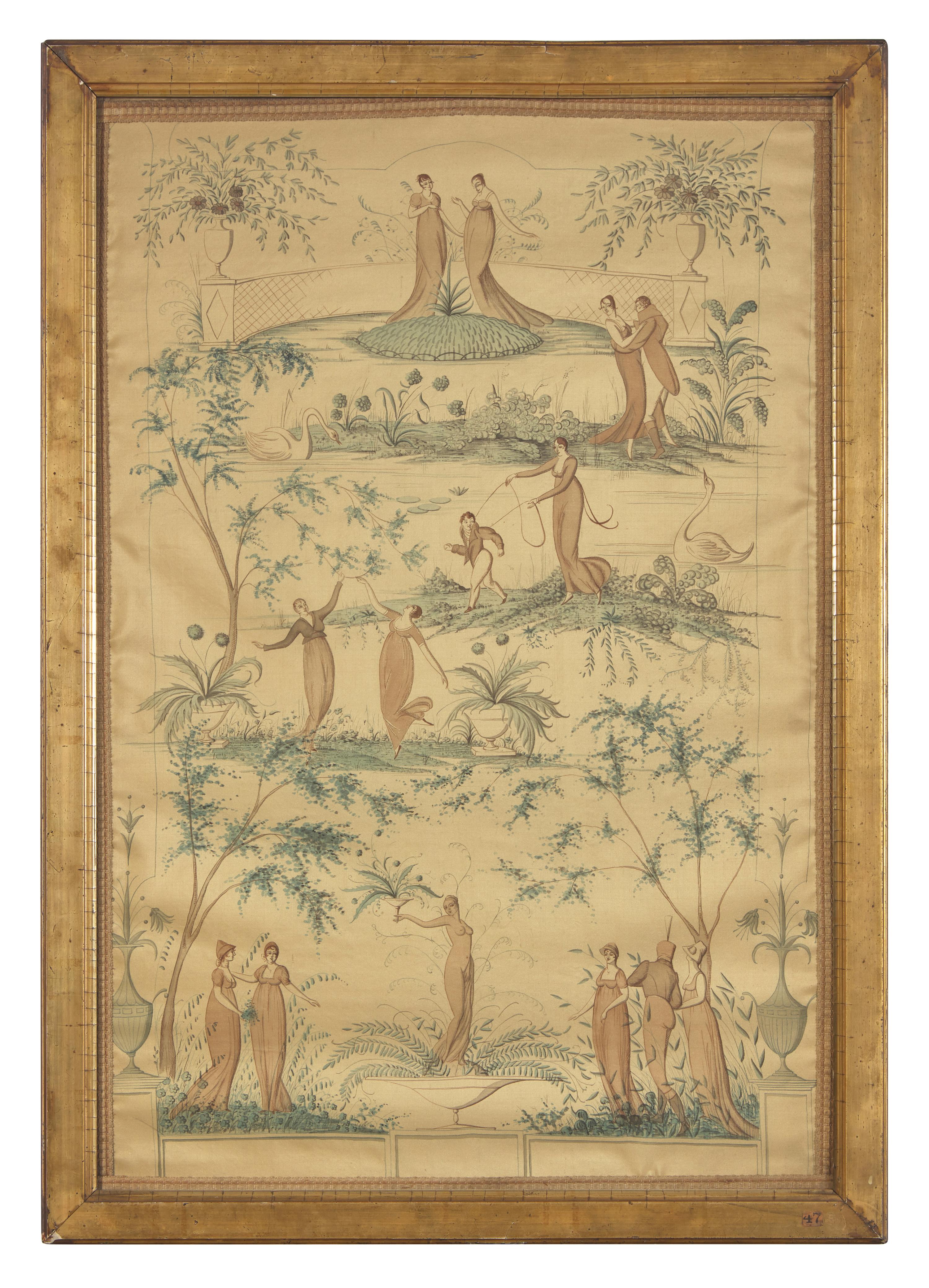A Regency Revival Painted Taffeta Panel