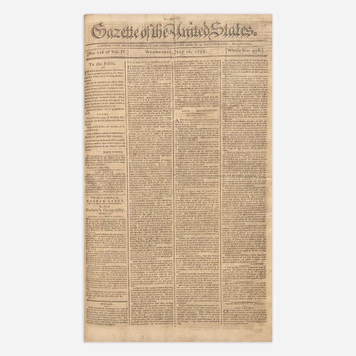 [Hamilton, Alexander, and Thomas Jefferson and George Washington, et al.] [Pacificus-Helvidius] 131 Issues of the Gazette of the United States