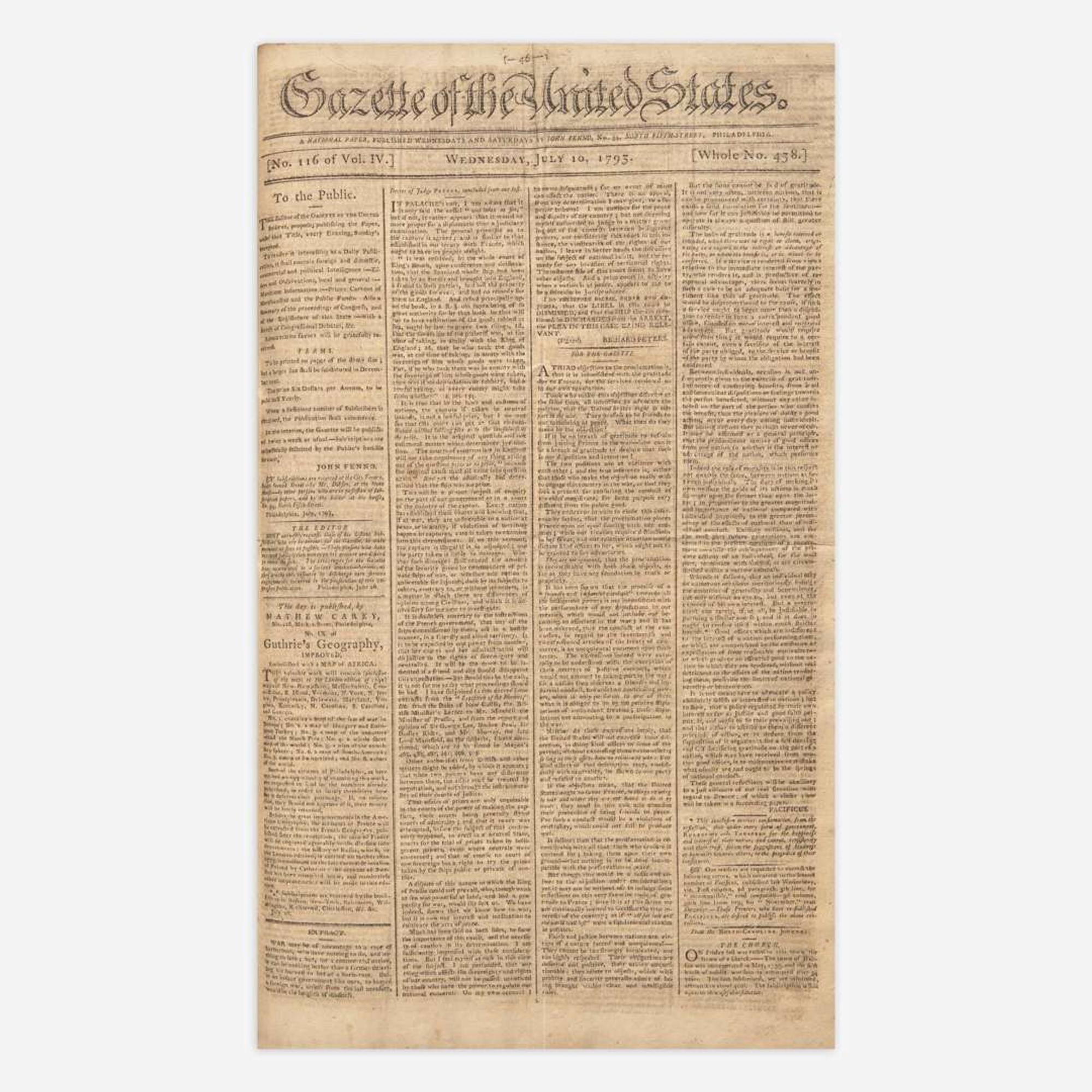[Hamilton, Alexander, and Thomas Jefferson and George Washington, et al.] [Pacificus-Helvidius] 131 Issues of the Gazette of the United States