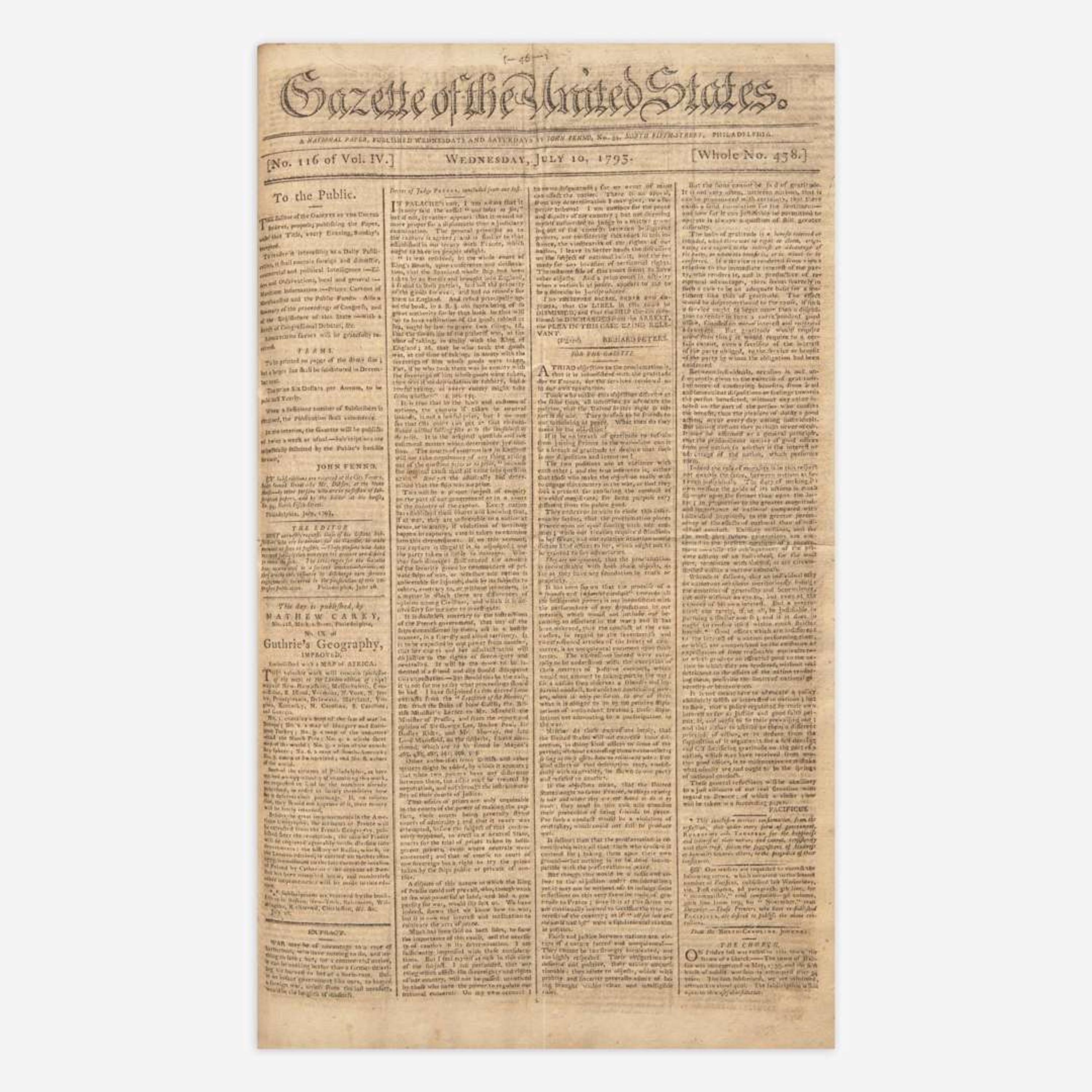 [Hamilton, Alexander, and Thomas Jefferson and George Washington, et al.] [Pacificus-Helvidius] 131 Issues of the Gazette of the United States