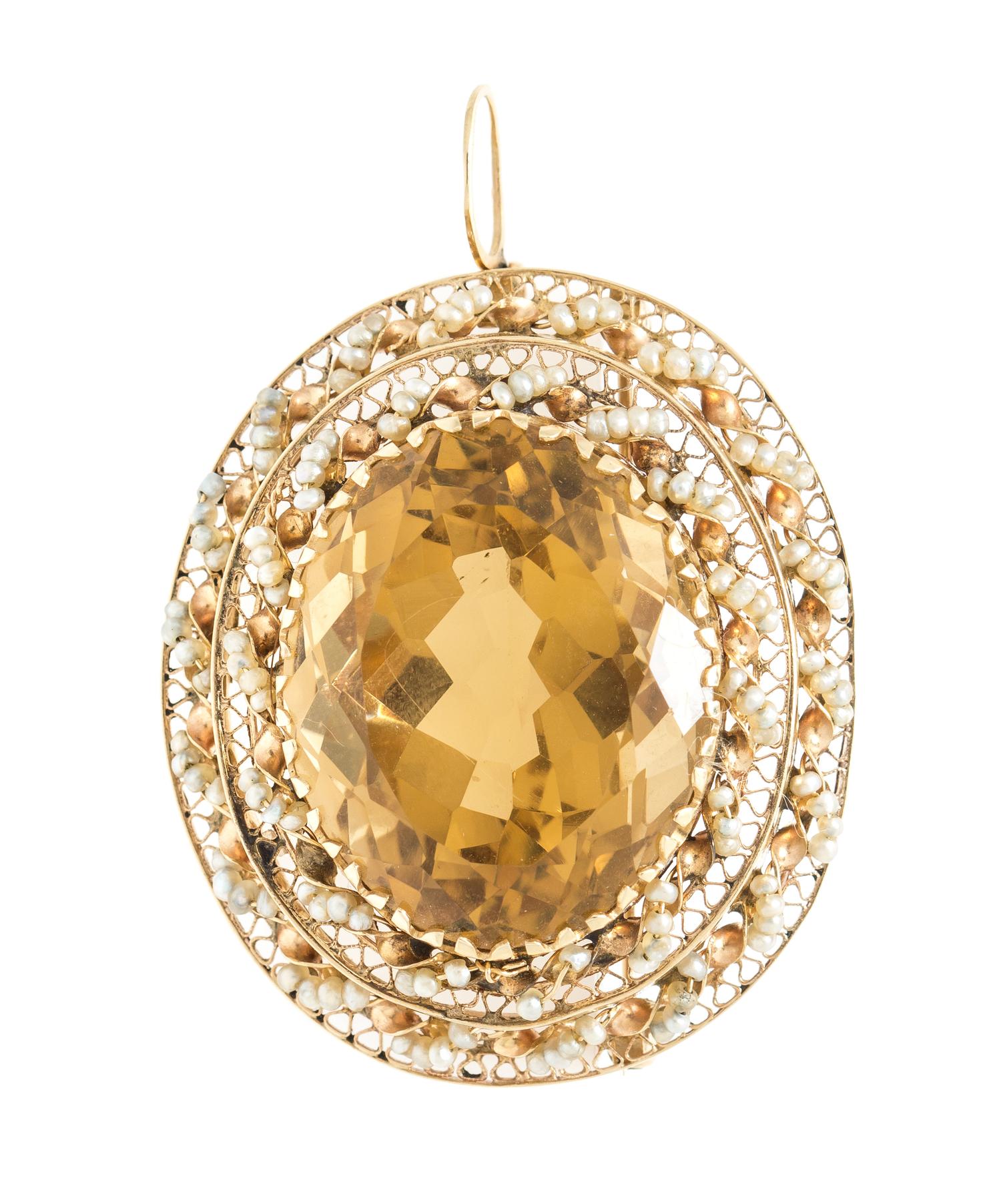 A 14 Karat Yellow Gold, Citrine and Seed Pearl Pendant/Brooch, 13.80 dwts.