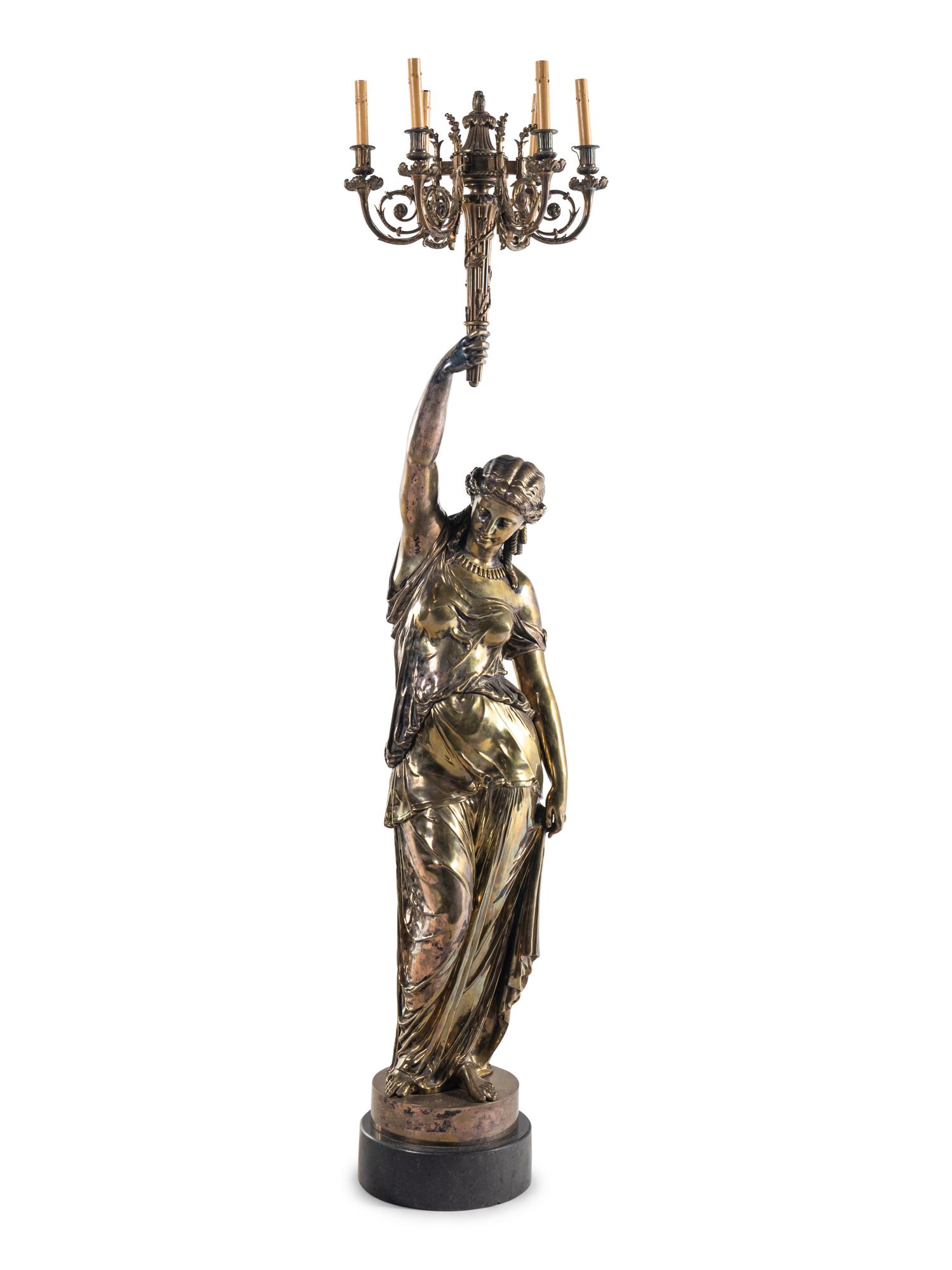 A Continental Silvered Bronze Figural Torchère