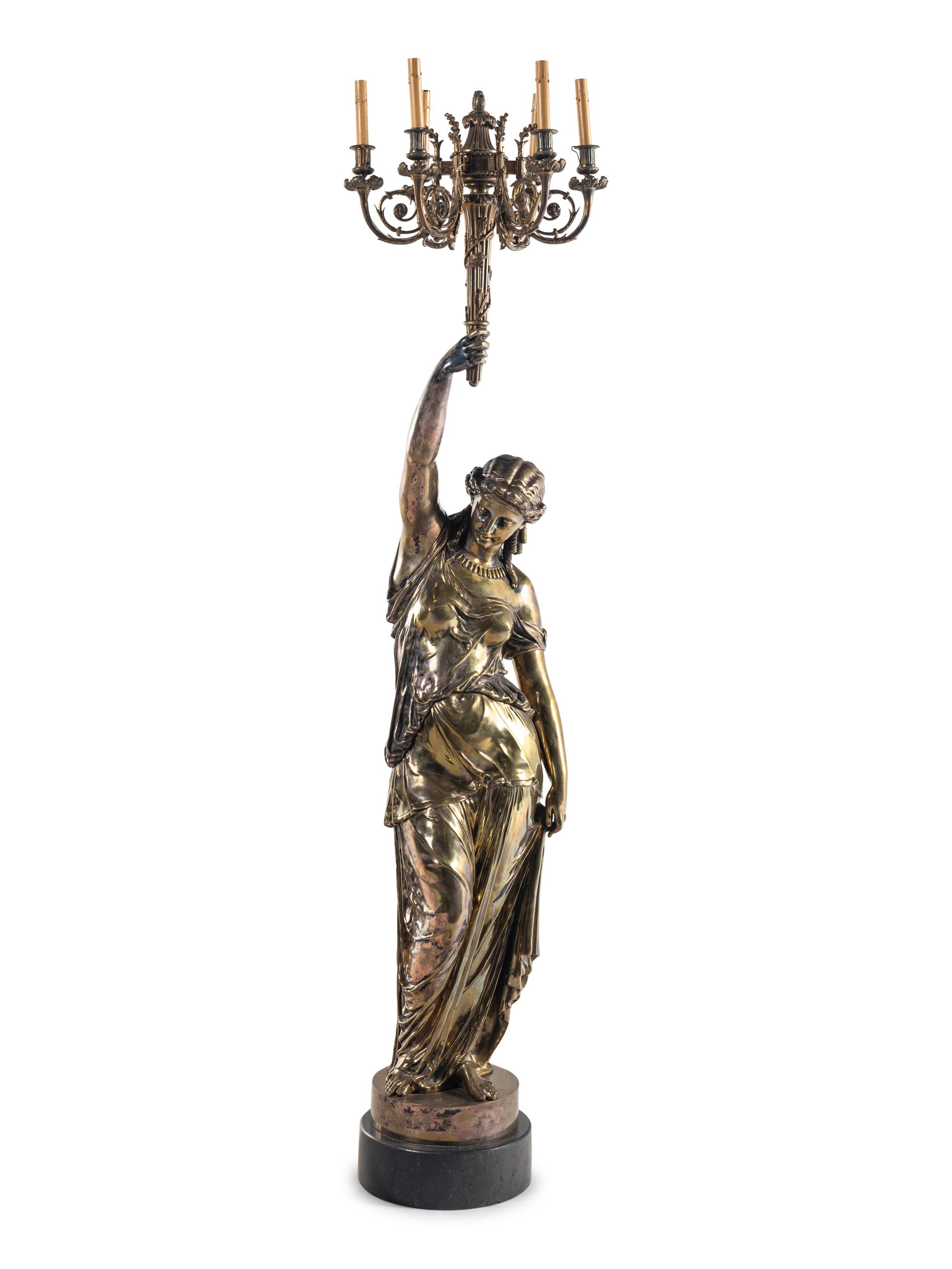 A Continental Silvered Bronze Figural Torchère