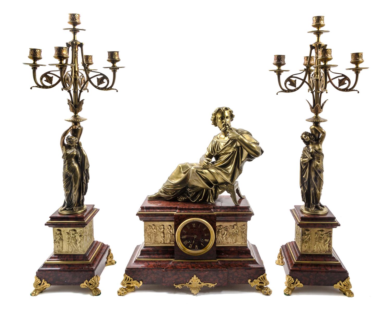 A Gilt Bronze Mounted Marble Clock Garniture Height of candelabra 26 1/4 inches. — AFTER JAMES PRADIER