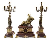 A Gilt Bronze Mounted Marble Clock Garniture Height of candelabra 26 1/4 inches. — AFTER JAMES PRADIER