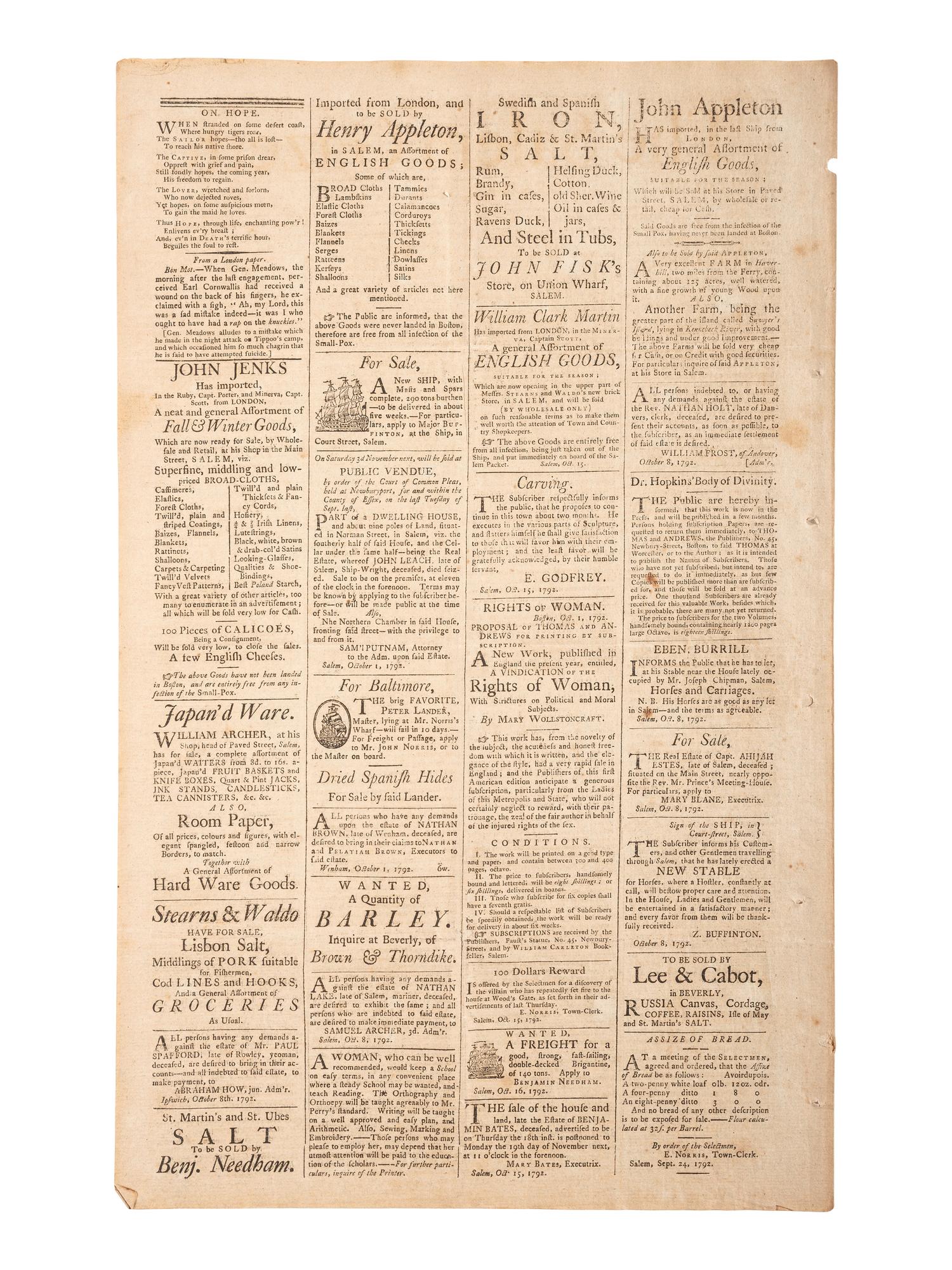[WOMEN'S RIGHTS] -- [WOLLSTONECRAFT, Mary (1759-1797)]. The Salem Gazette. Vol. VI, No. 315. Salem, MA: Thomas C. Cushing, 23 October 1792.