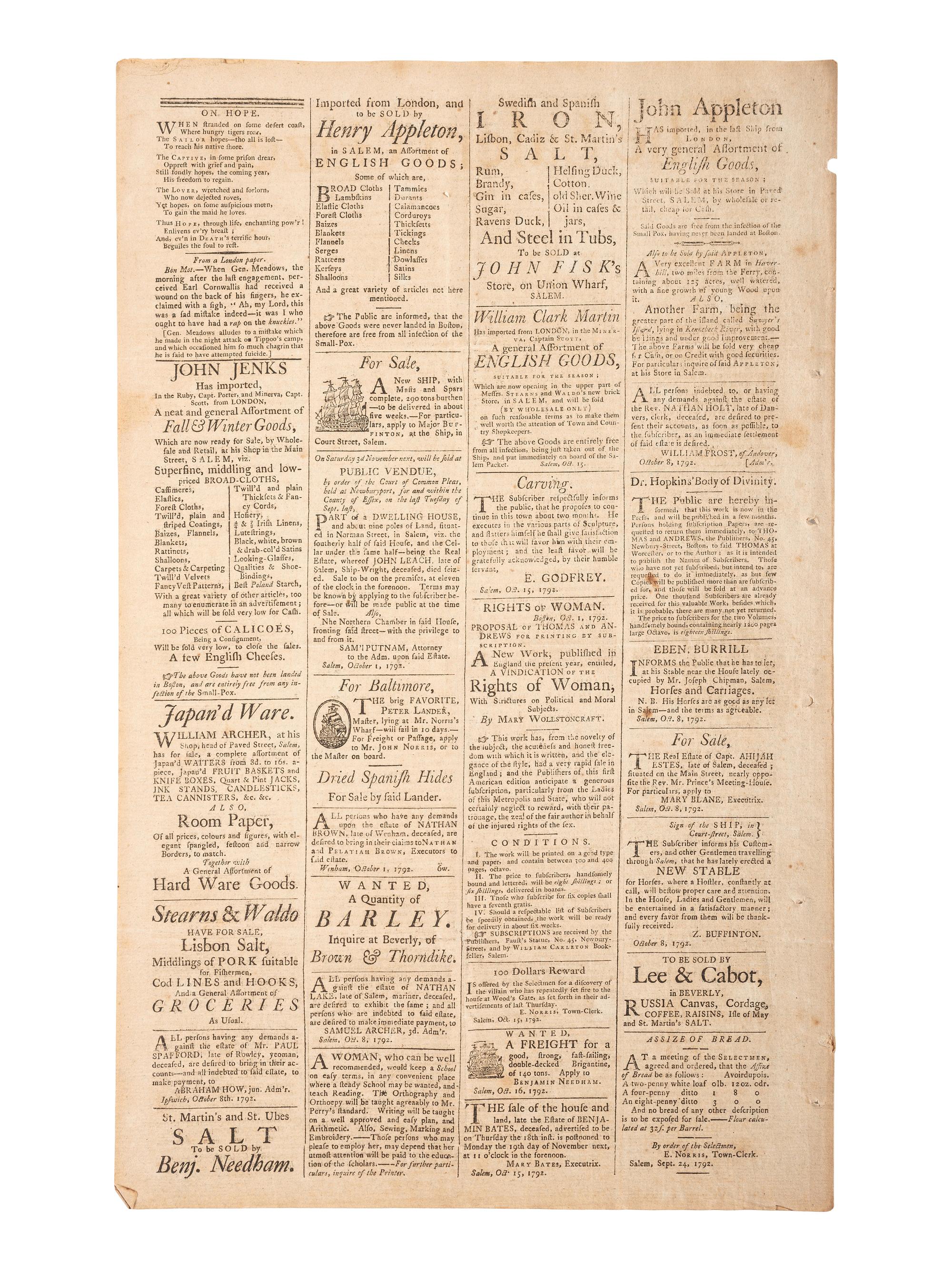 [WOMEN'S RIGHTS] -- [WOLLSTONECRAFT, Mary (1759-1797)]. The Salem Gazette. Vol. VI, No. 315. Salem, MA: Thomas C. Cushing, 23 October 1792.