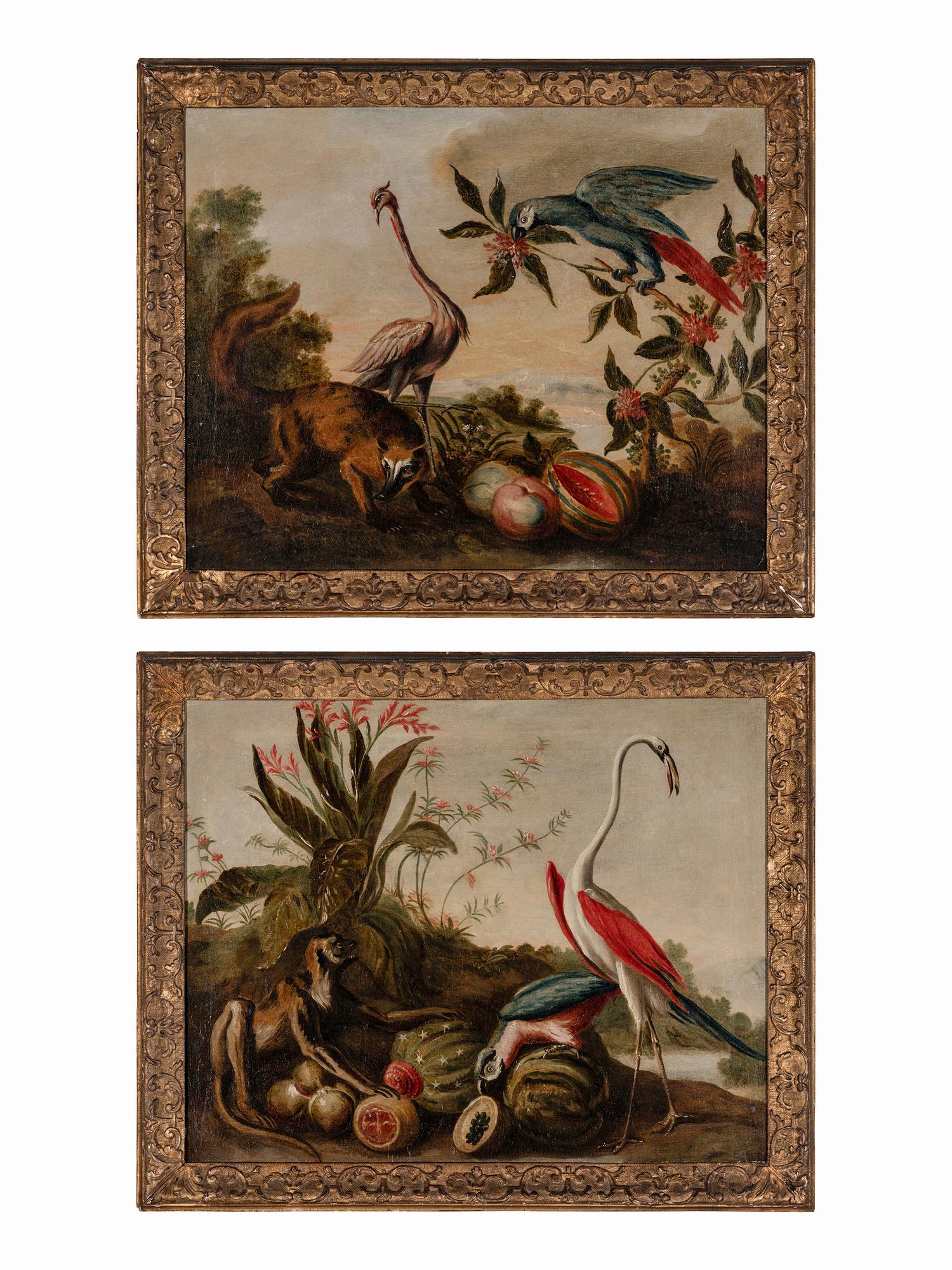 Landscape with a Monkey, Parrot and Flamingo; Landscape with a Parrot, Flamingo and Coati (a pair of paintings)