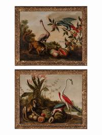 Landscape with a Monkey, Parrot and Flamingo; Landscape with a Parrot, Flamingo and Coati (a pair of paintings)