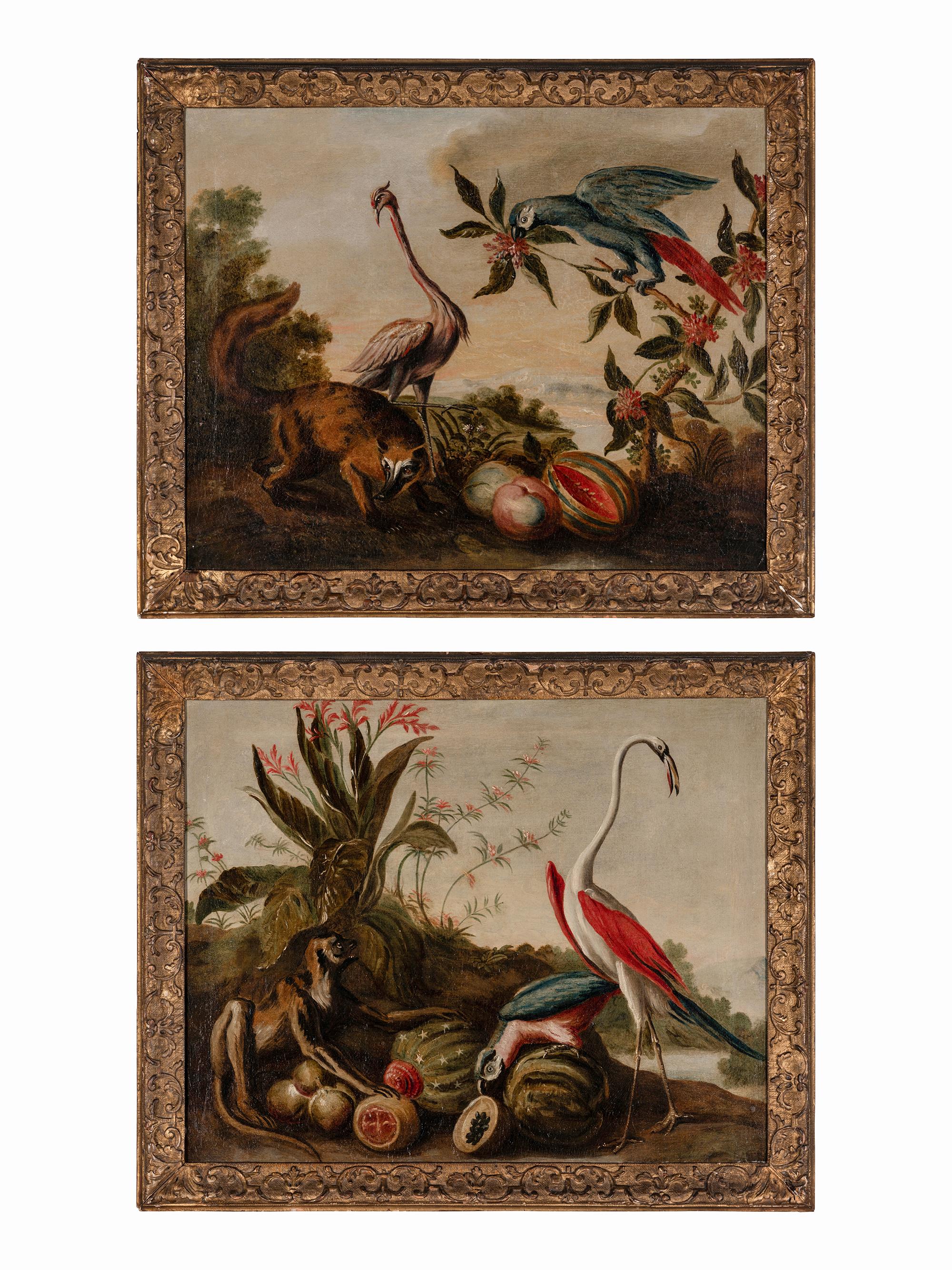 Landscape with a Monkey, Parrot and Flamingo; Landscape with a Parrot, Flamingo and Coati (a pair of paintings)