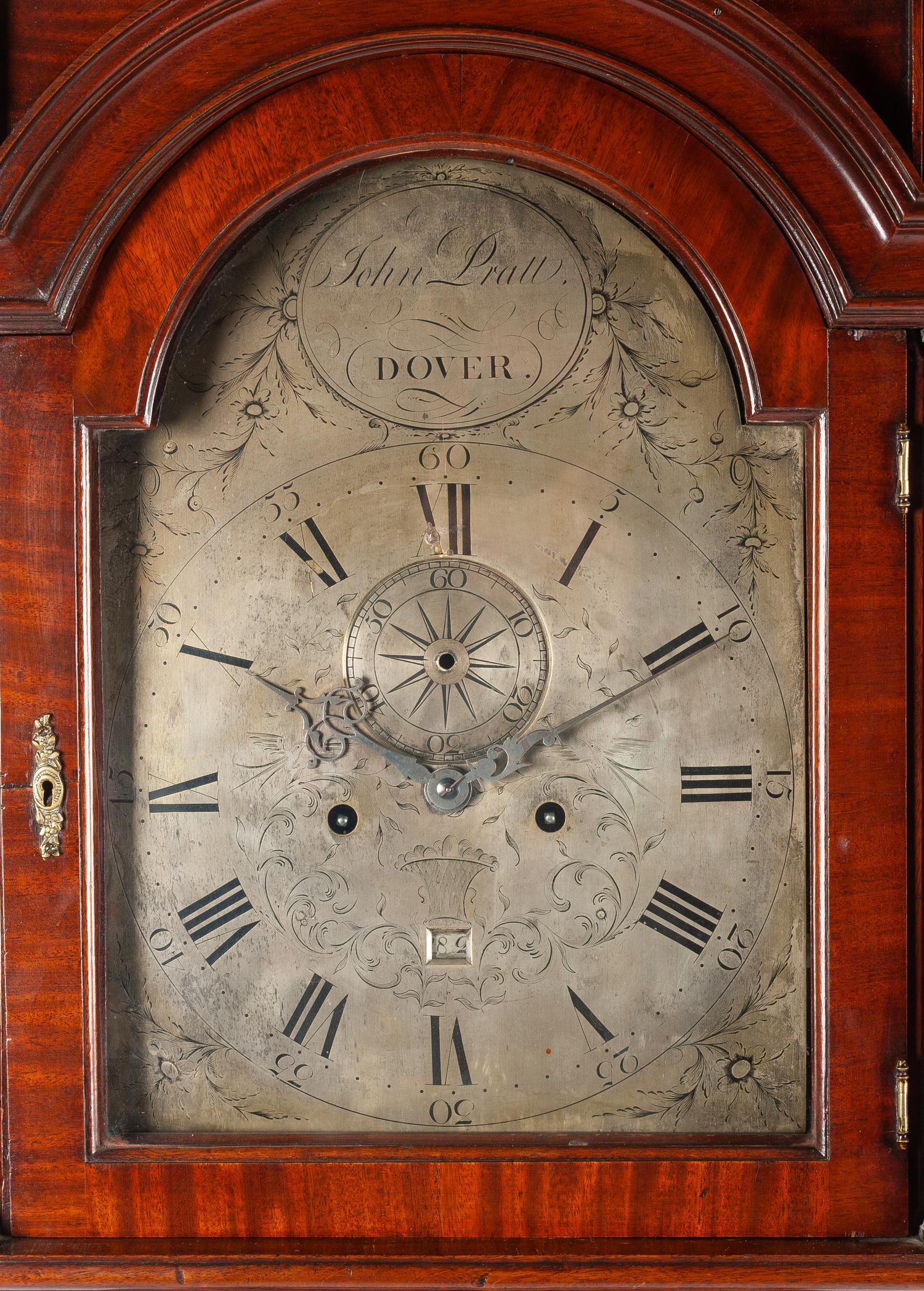 An English Mahogany Tall Case Clock Height 90 x width 20 1/2 x depth 10 1/2 inches. — JOHN PRATT, DOVER, 18TH CENTURY