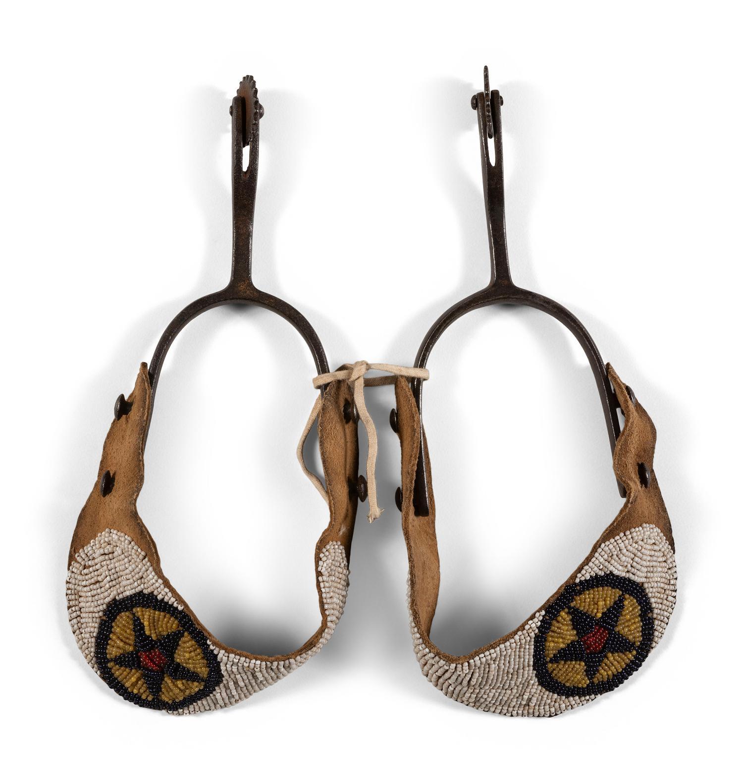 Double-Button Long Shank Iron Spurs, with Sioux Beaded Straps