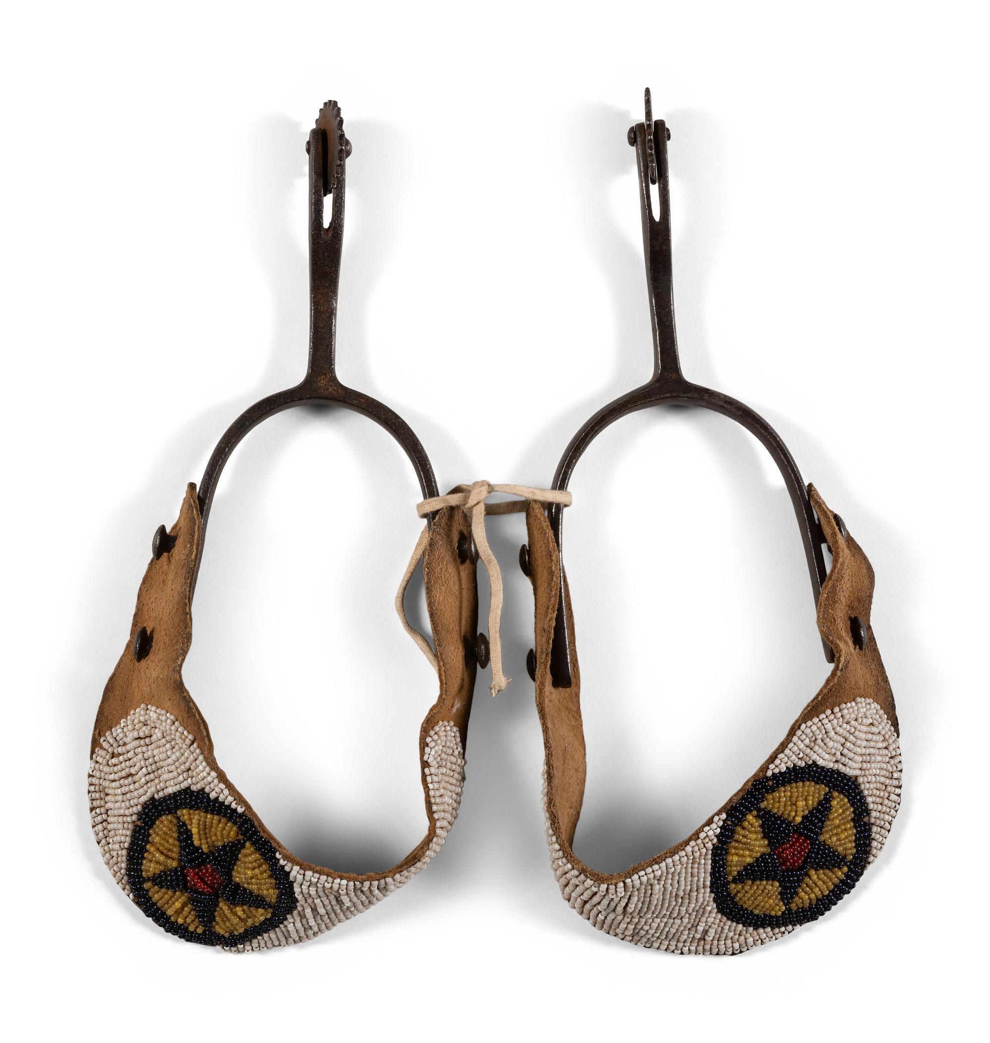 Double-Button Long Shank Iron Spurs, with Sioux Beaded Straps