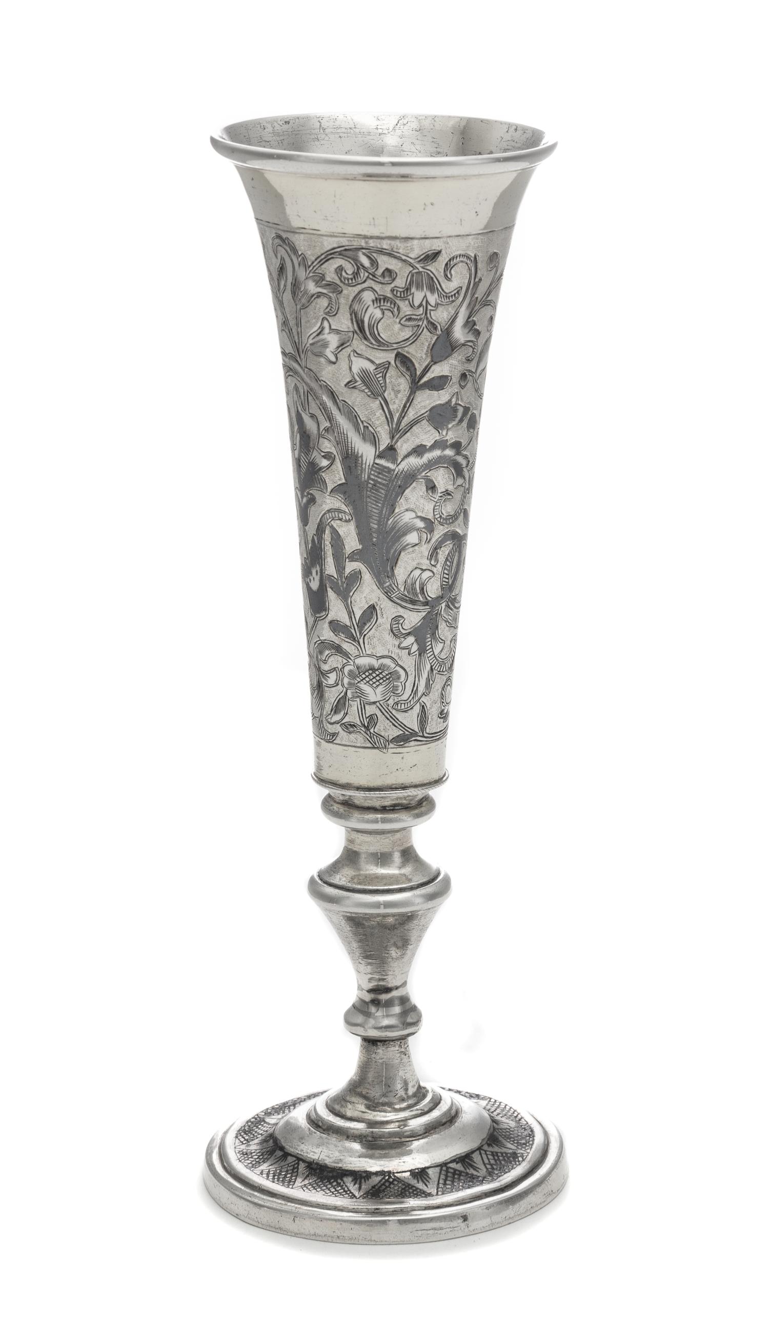 A Russian Niello and Silver-Gilt Beaker, Maker's Mark Obscured, 1843, having a flared rim above a floral and foliate decorated body wit