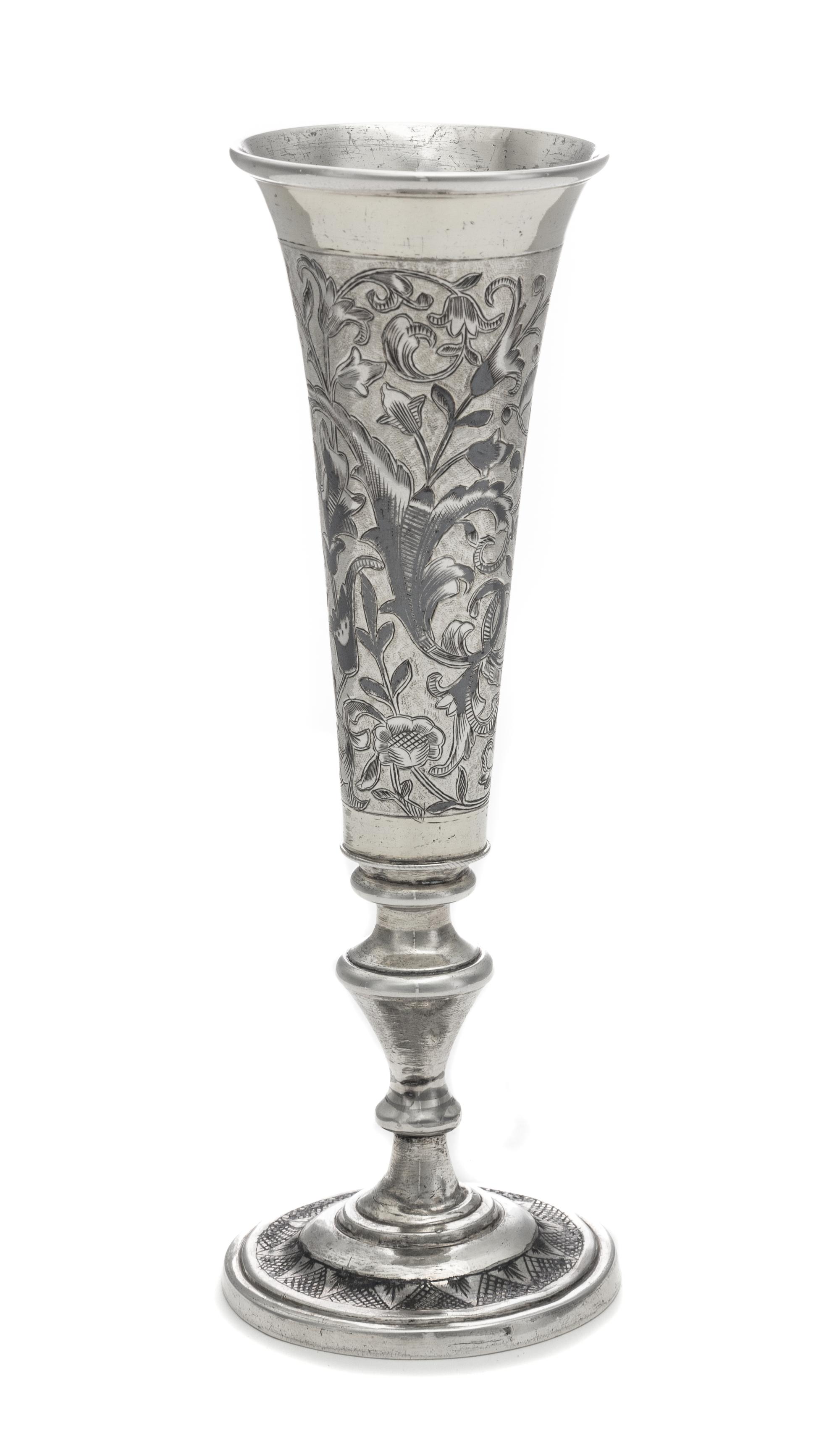 A Russian Niello and Silver-Gilt Beaker, Maker's Mark Obscured, 1843, having a flared rim above a floral and foliate decorated body wit