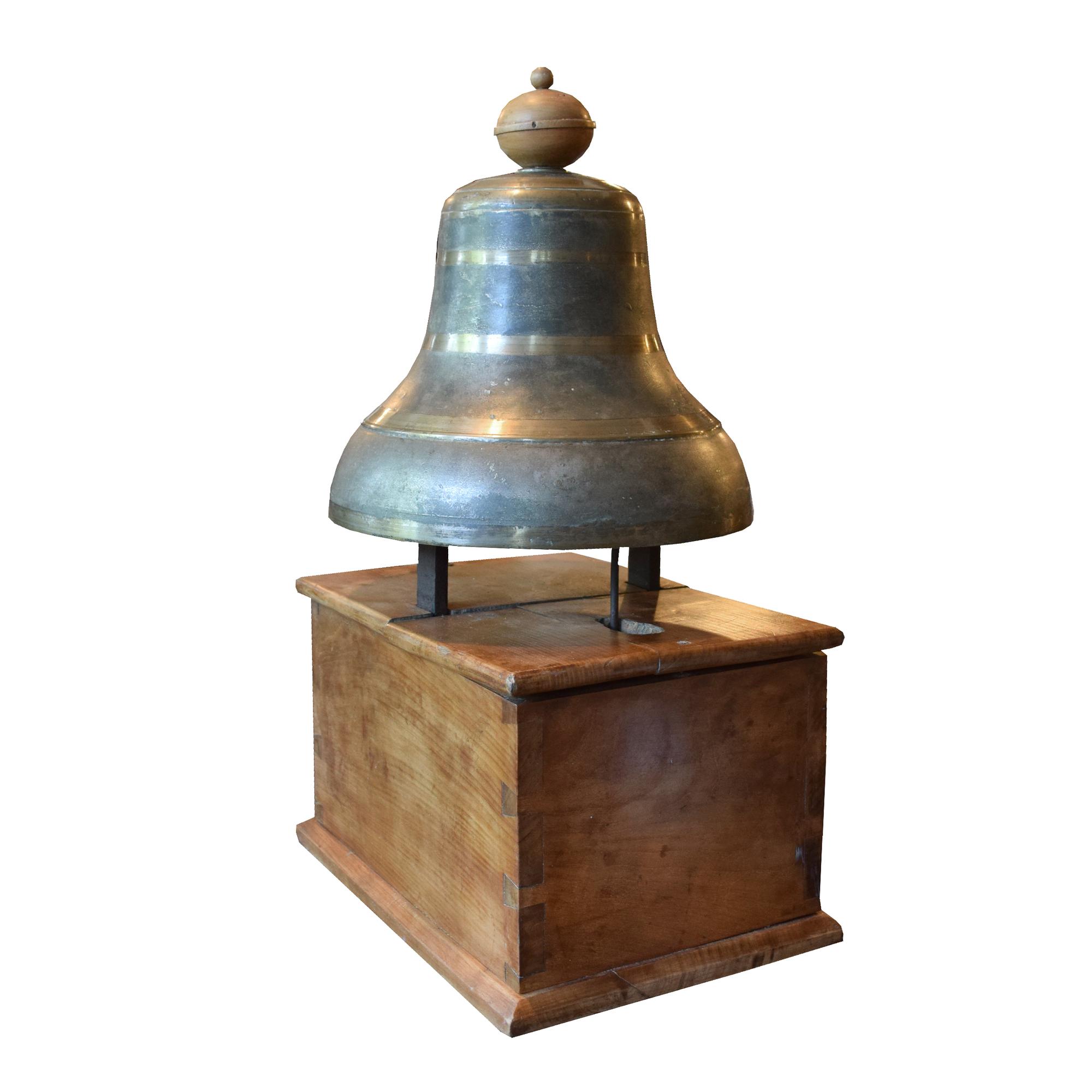 A Bronze Time Clock Bell on Wood Base 13.5" W x 11.5" D x 24.5" H — Italy
