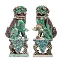 A Pair of Chinese Famille Verte Porcelain Figures of Fu Lions