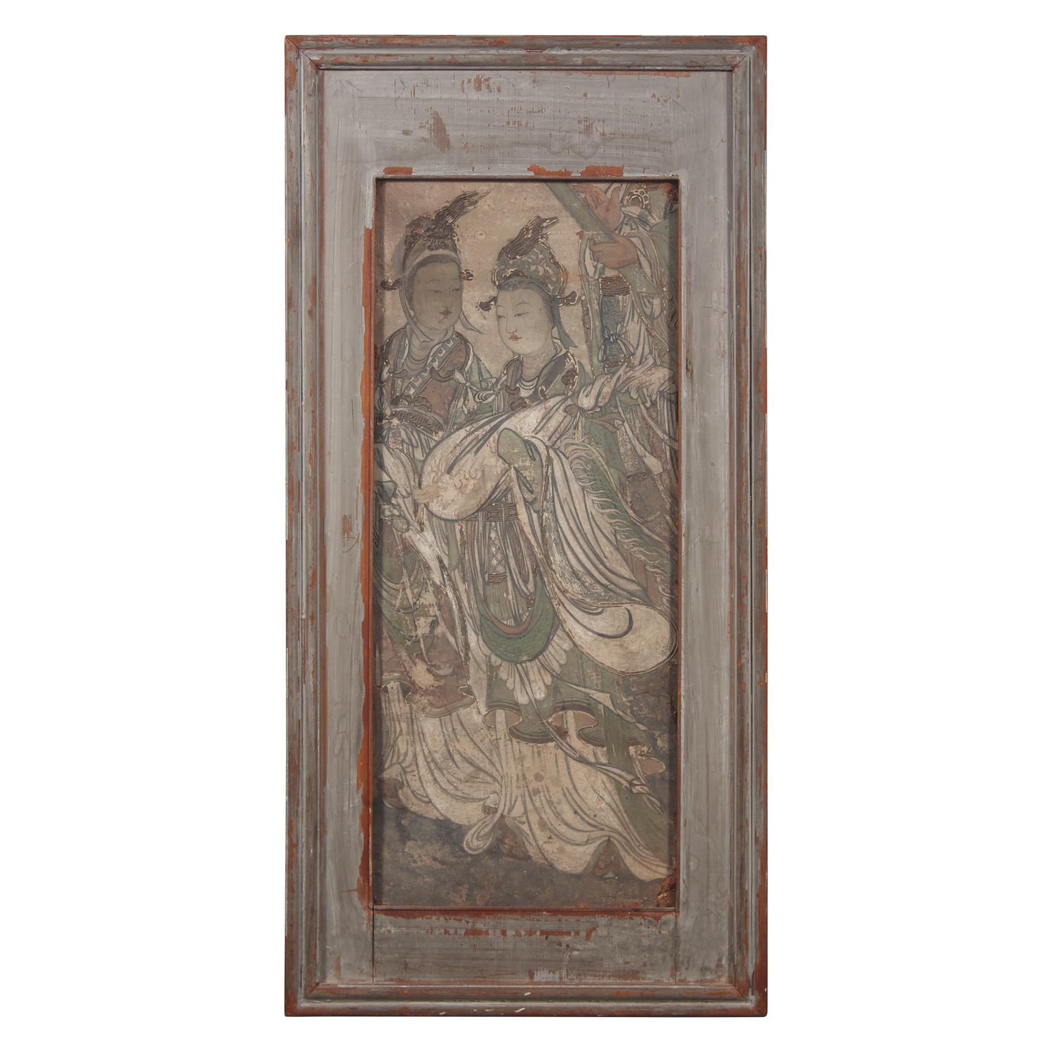 A Chinese Fresco Fragment Depicting Celestial Maidens, Ming Dynasty 明 瀝粉貼金 彩繪琵琶侍女壁畫殘片