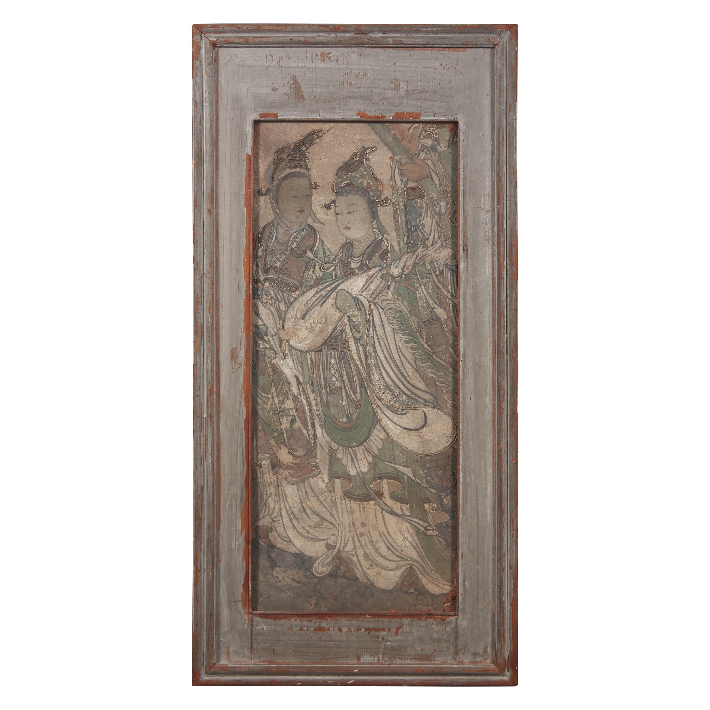A Chinese Fresco Fragment Depicting Celestial Maidens, Ming Dynasty 明 瀝粉貼金 彩繪琵琶侍女壁畫殘片