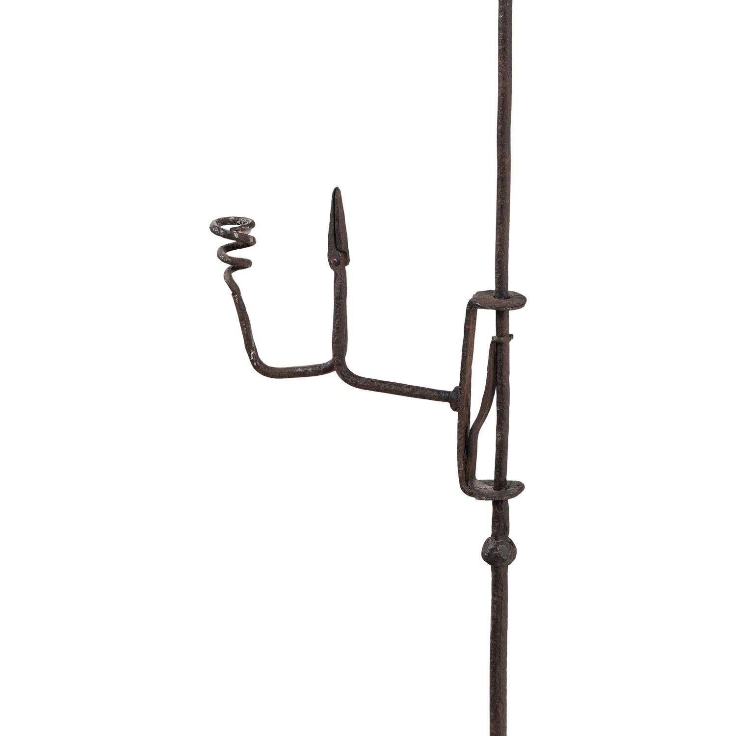 A Wrought Iron Composite Candlestick and Rush Light Stand