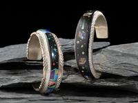 Pair of Sterling Silver and Mosaic Inlay Cuff Bracelets, with Cosmic Scenes