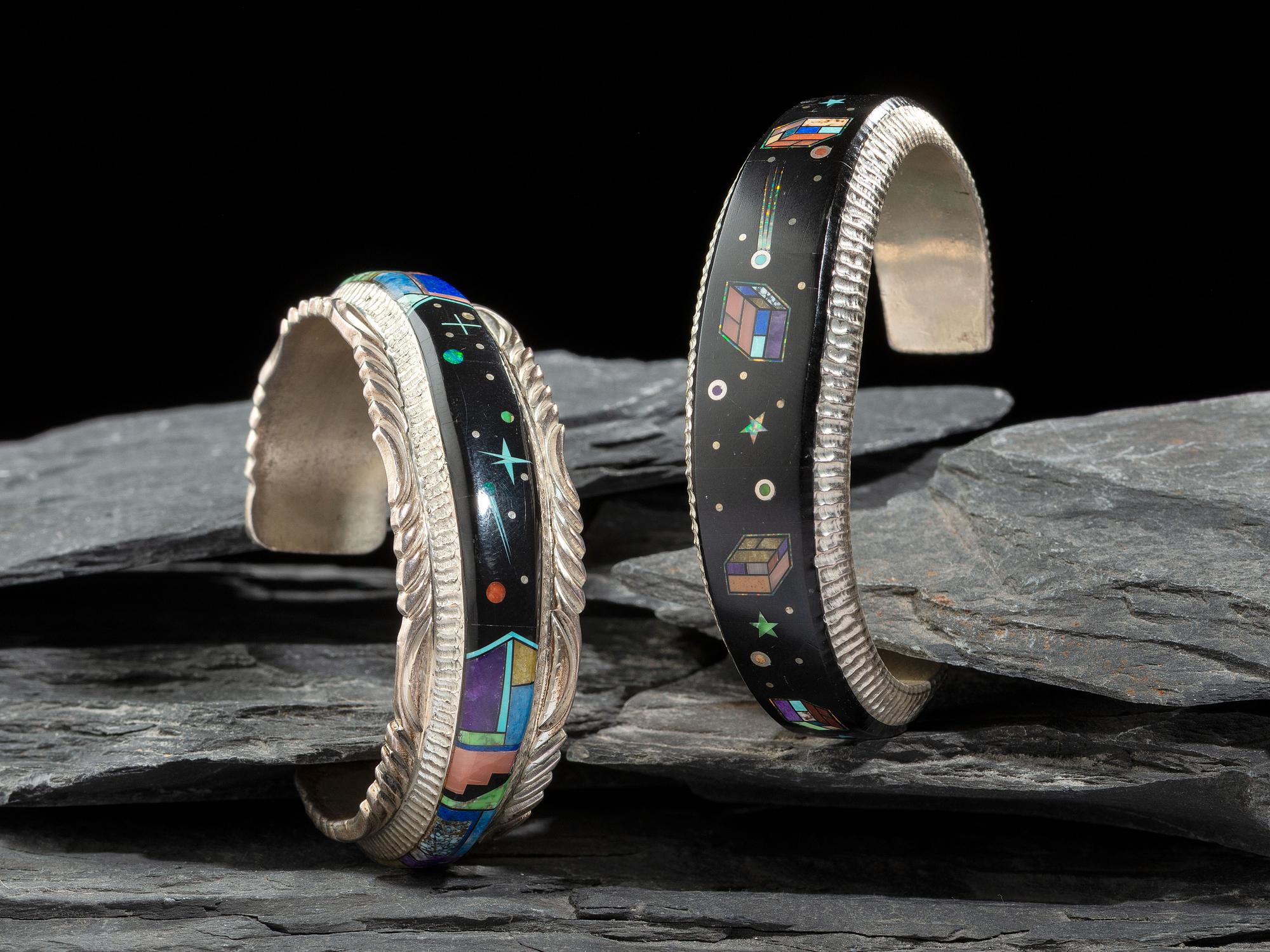 Pair of Sterling Silver and Mosaic Inlay Cuff Bracelets, with Cosmic Scenes