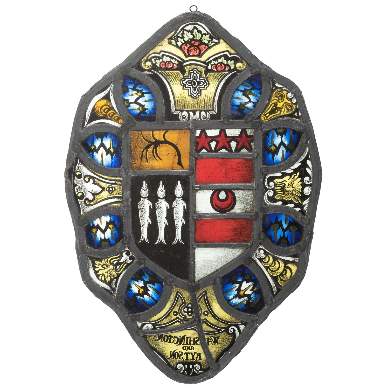 A Pair of Stained Glass 'Marital Alliance' Panels with Washington Family Coat of Arms