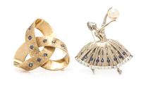 A Collection of Gold, Sapphire, Cultured Pearl and Diamond Brooches, 17.10 dwts.