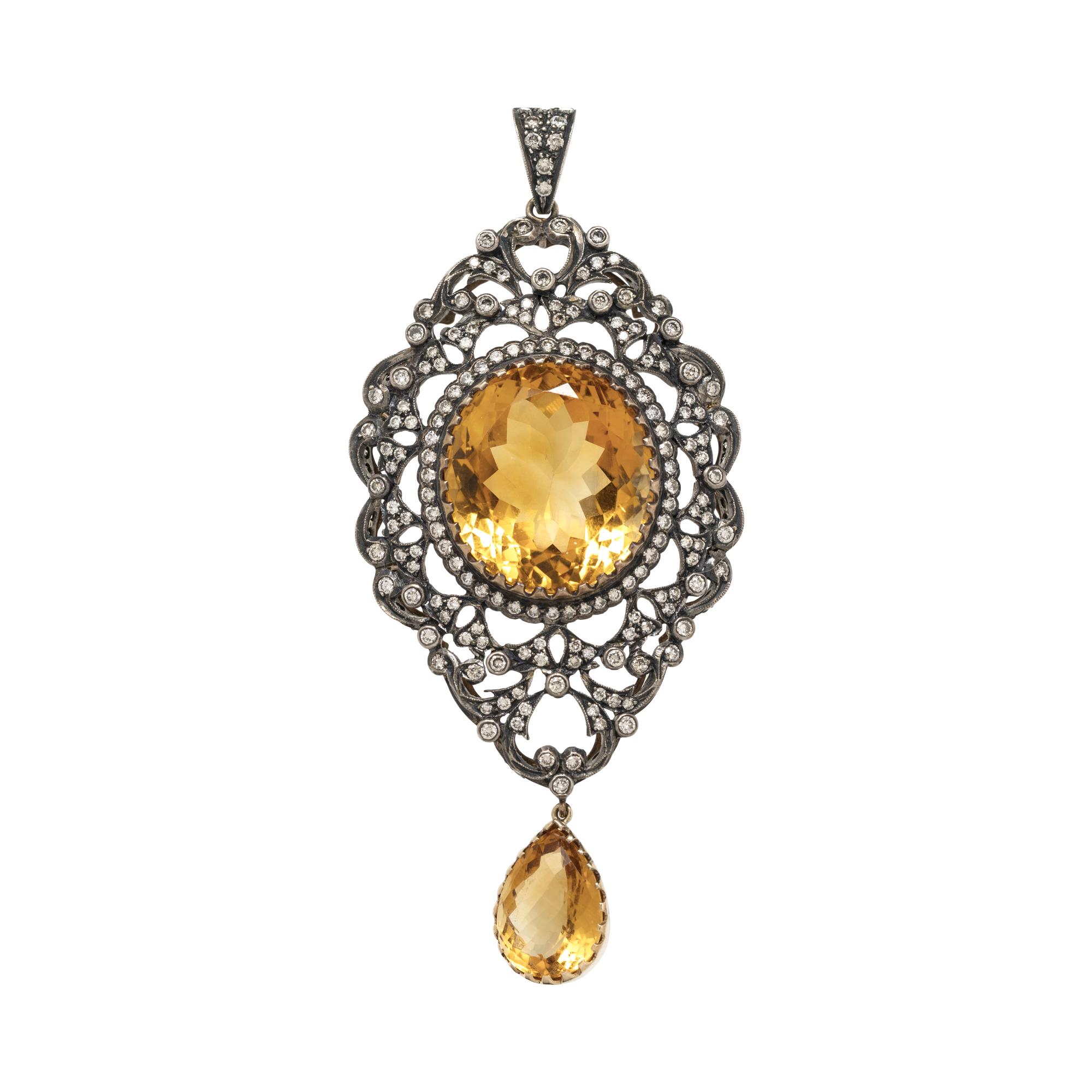SILVER-TOPPED GOLD, CITRINE AND DIAMOND PENDANT