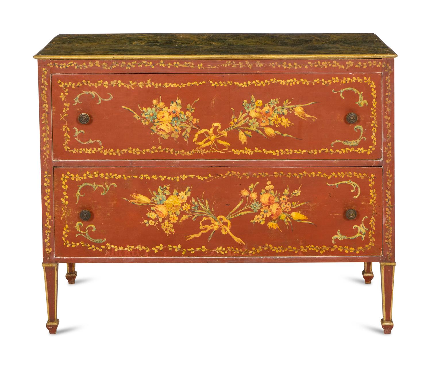 A Louis XVI Style Painted Pine Faux Marble-Top Commode