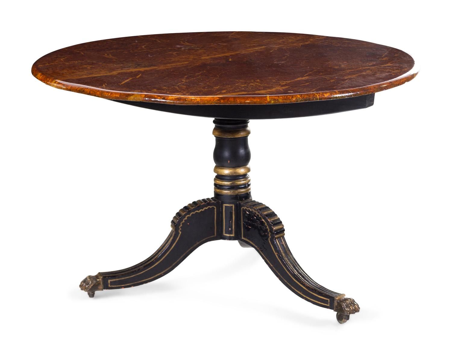 A Regency Faux Marble and Parcel Gilt Decorated Tilt-Top Breakfast Table