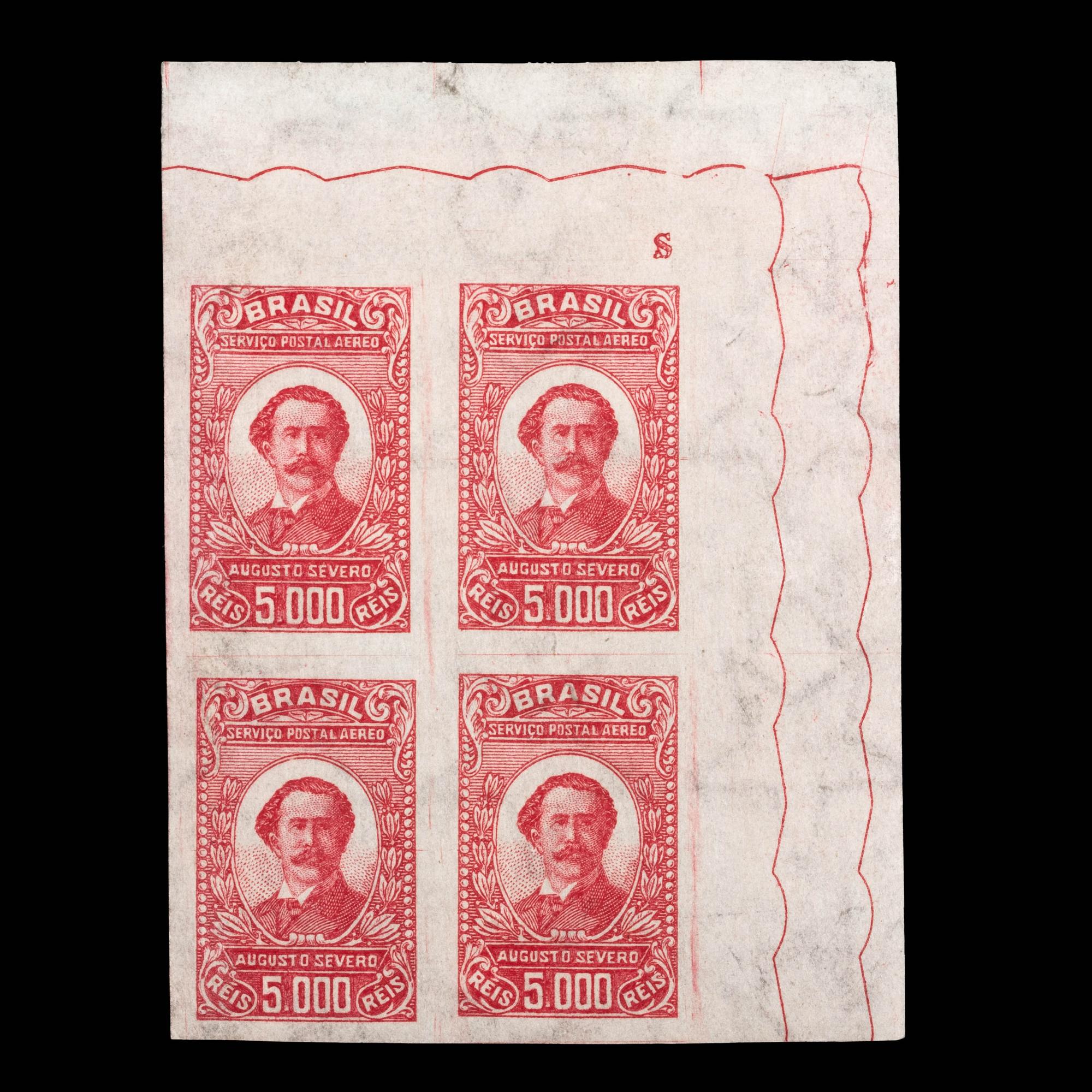 {PHILATELY} BRAZIL. Airmail. 1929, 5,000r, Carmine (#C23VAR), Imperforate Top Right Corner Block of Four