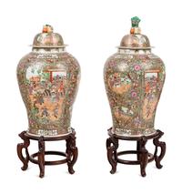 A Pair of Large Chinese Export Rose Medallion Porcelain Jars