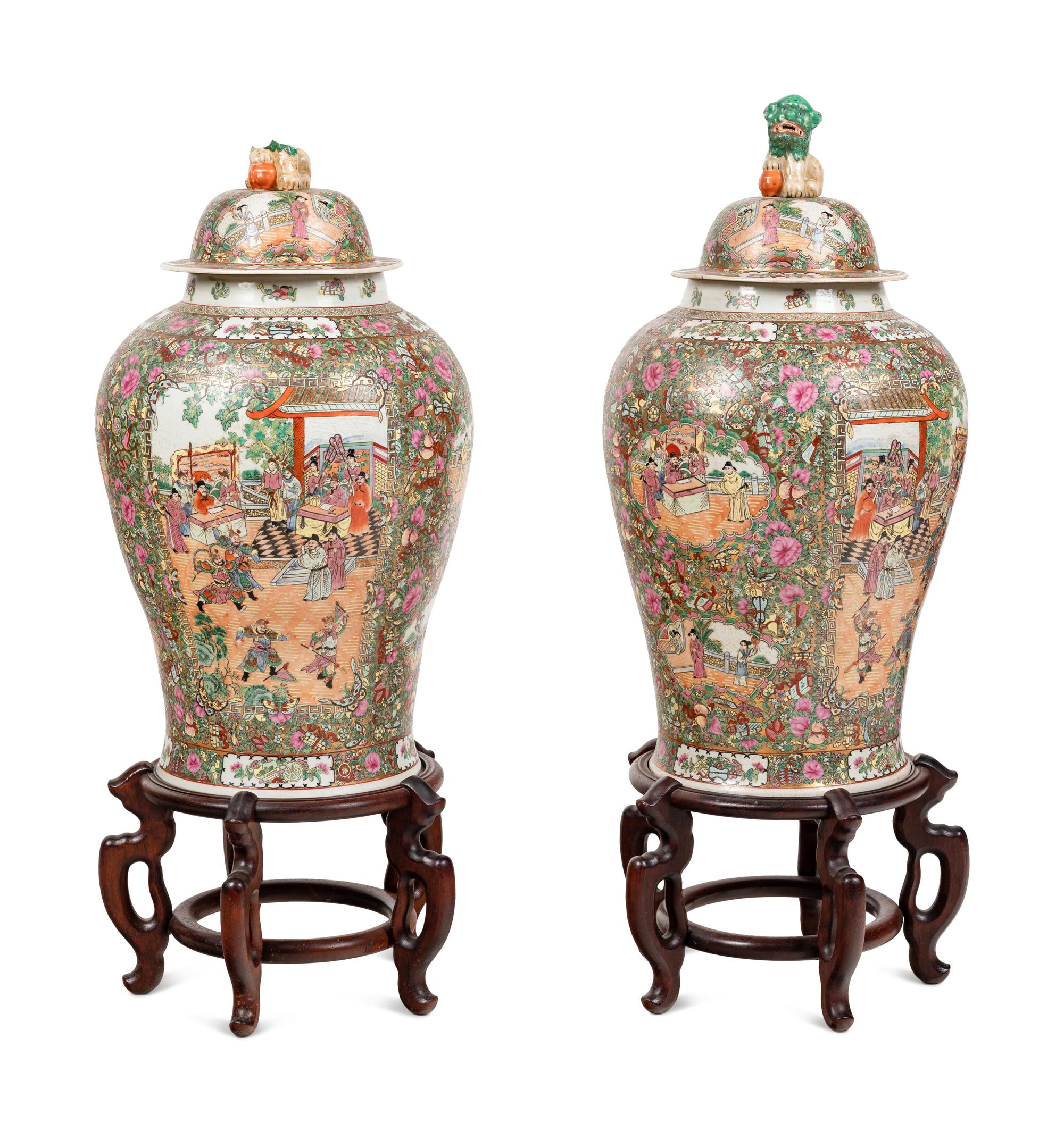 A Pair of Large Chinese Export Rose Medallion Porcelain Jars