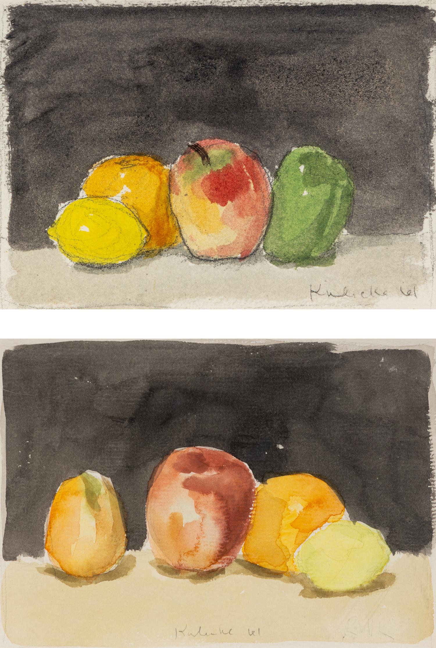 Fruit with Black Background and Green Pear and Red Apple (Two Works), 1961
