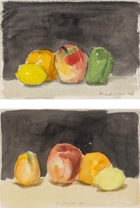 Fruit with Black Background and Green Pear and Red Apple (Two Works), 1961