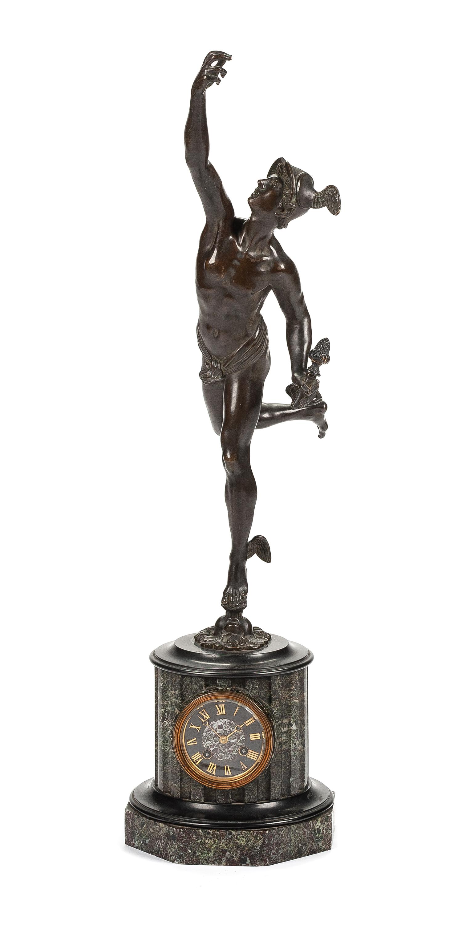 A Napoleon III Bronze and Marble Clock Height overall 32 inches. — 19TH CENTURY
