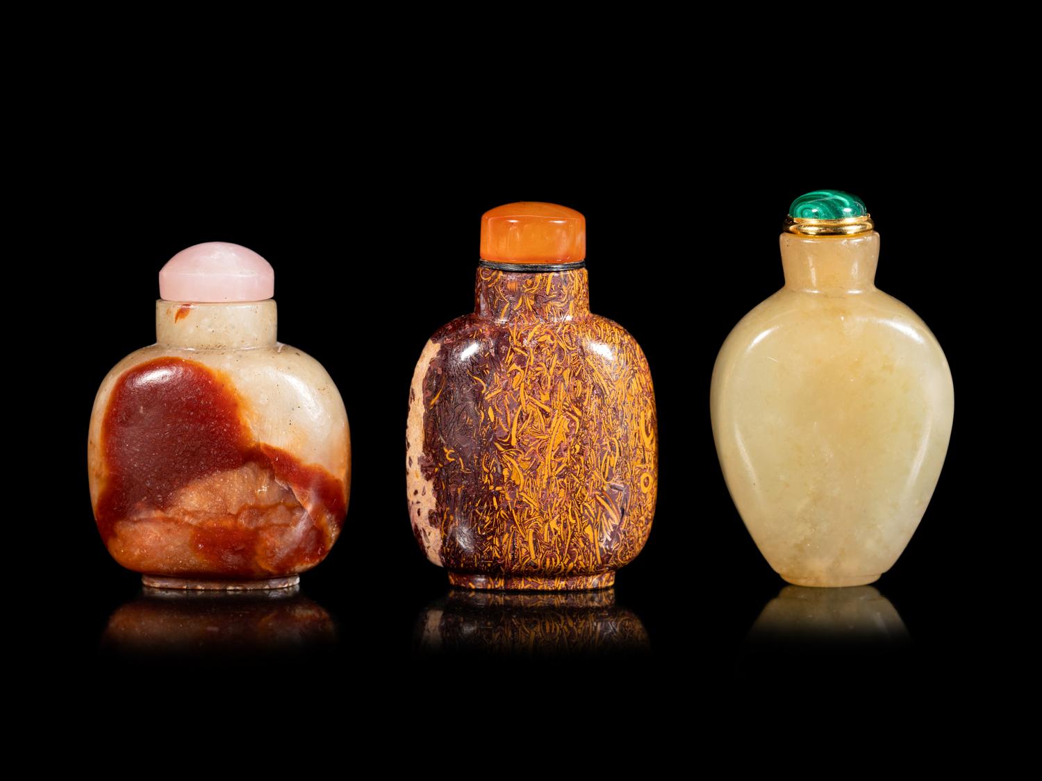 Three Chinese Hardstone Snuff Bottles